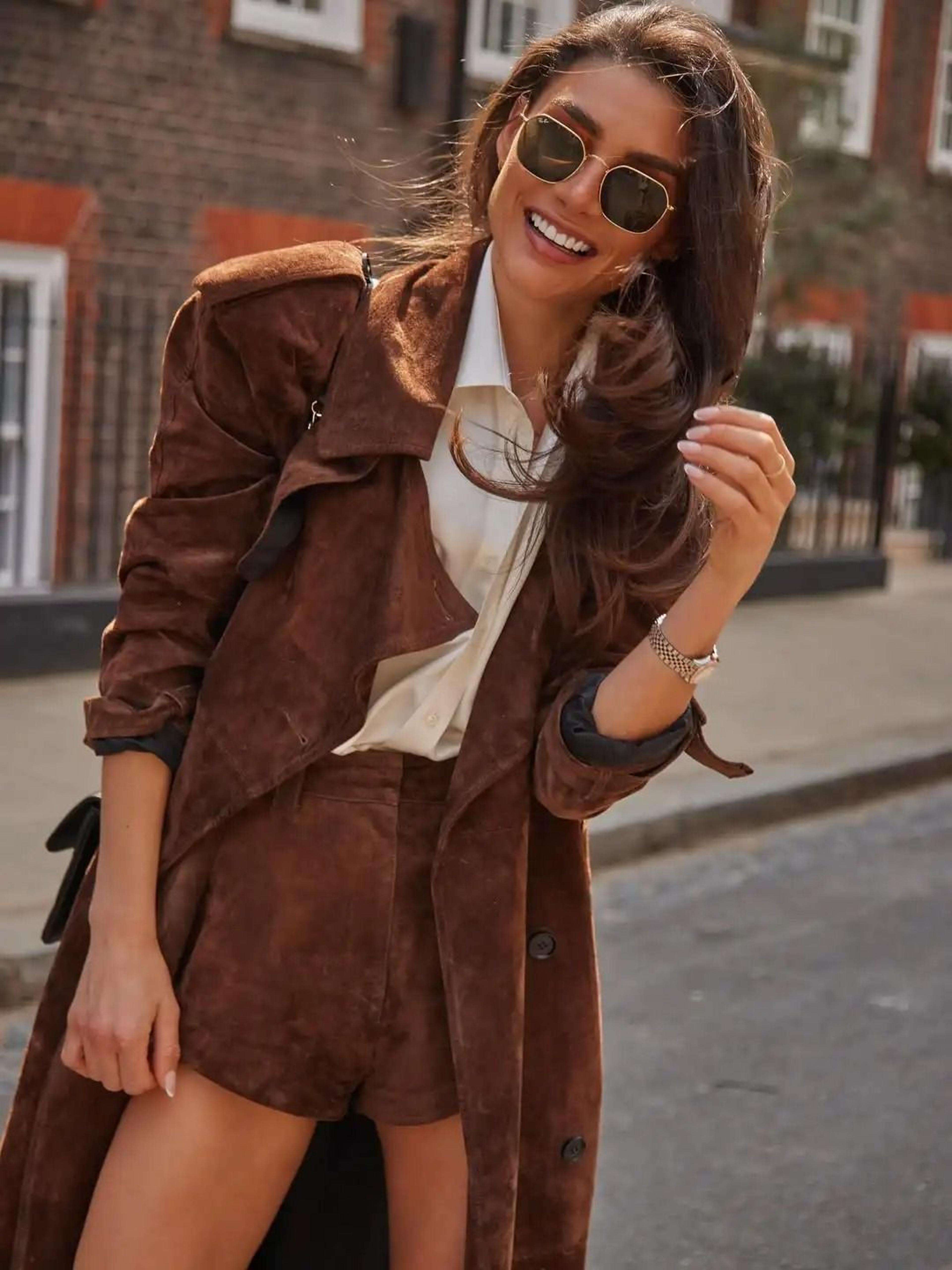 Brown Long Suede Overcoat Women Fashion Solid Lapel Single Breasted Loose Outerwear 4