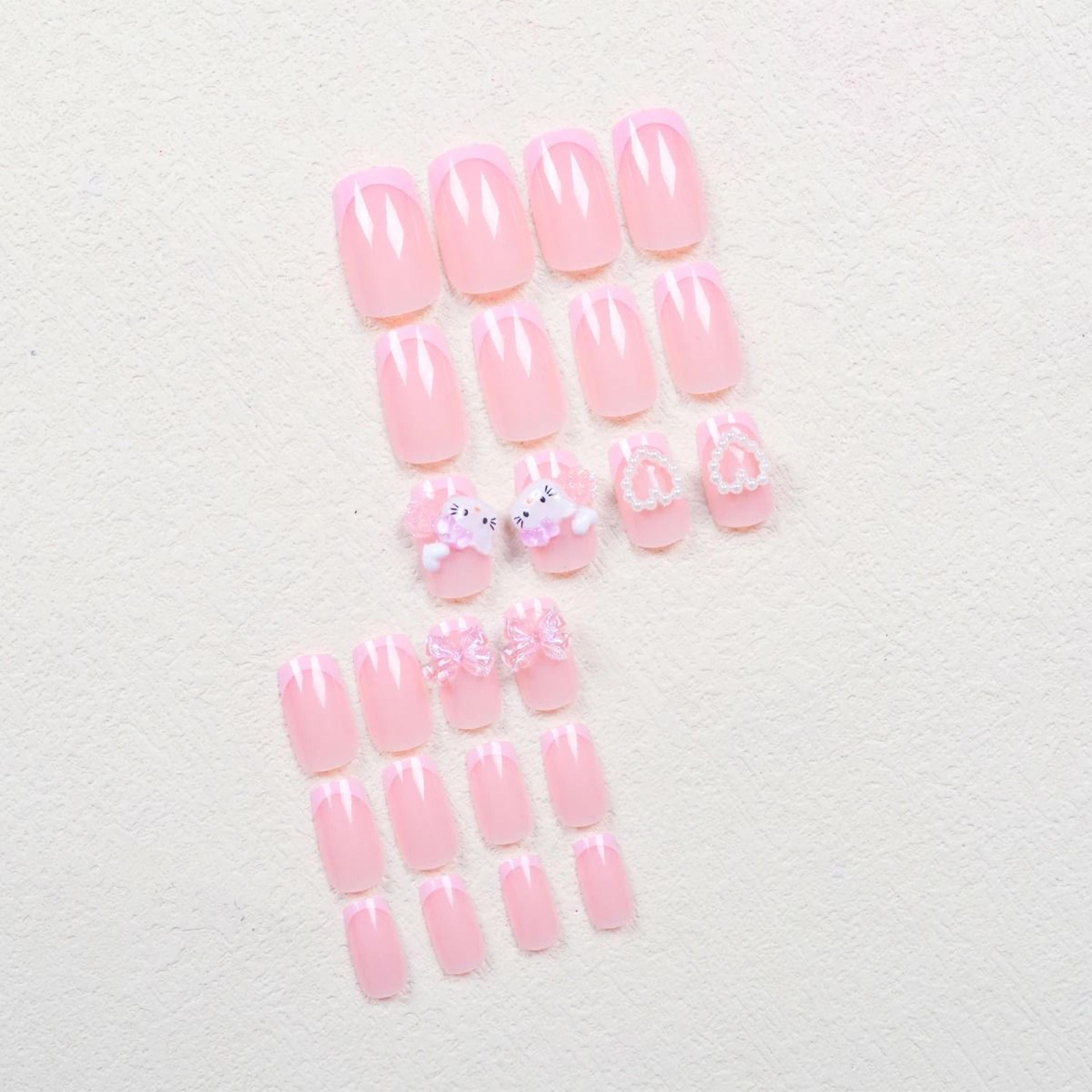 Medium Square Pink French Cartoon Cat Camellia PressOn Nail Set 3