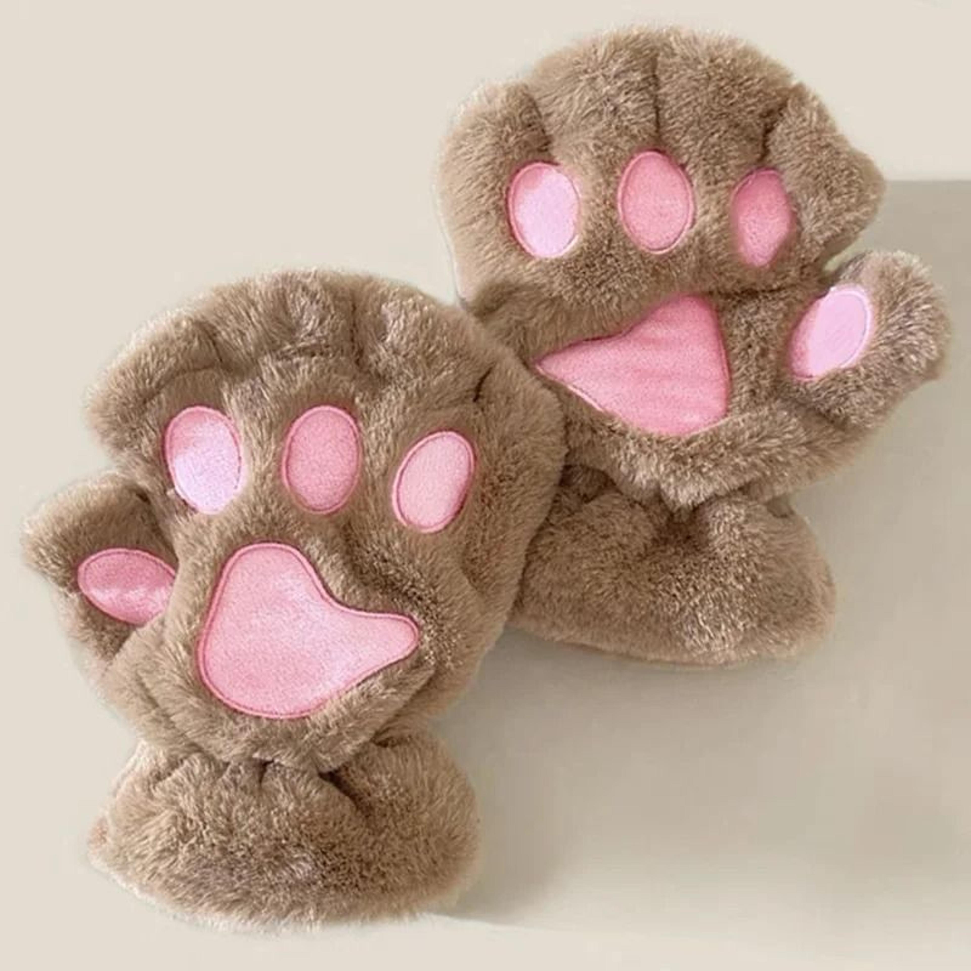 Plush Cat Paw Fingerless Gloves For Women 2
