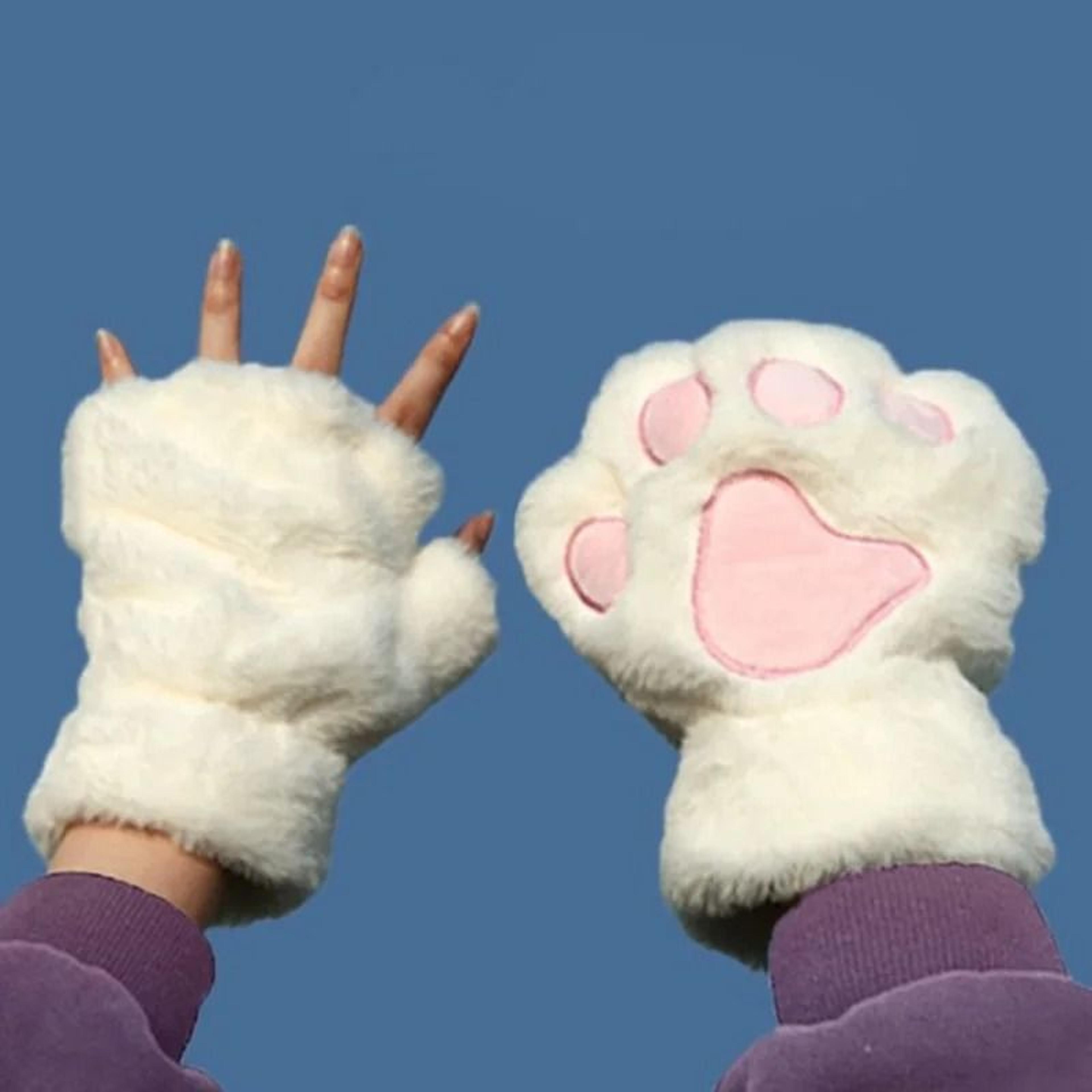 Plush Cat Paw Fingerless Gloves For Women 4
