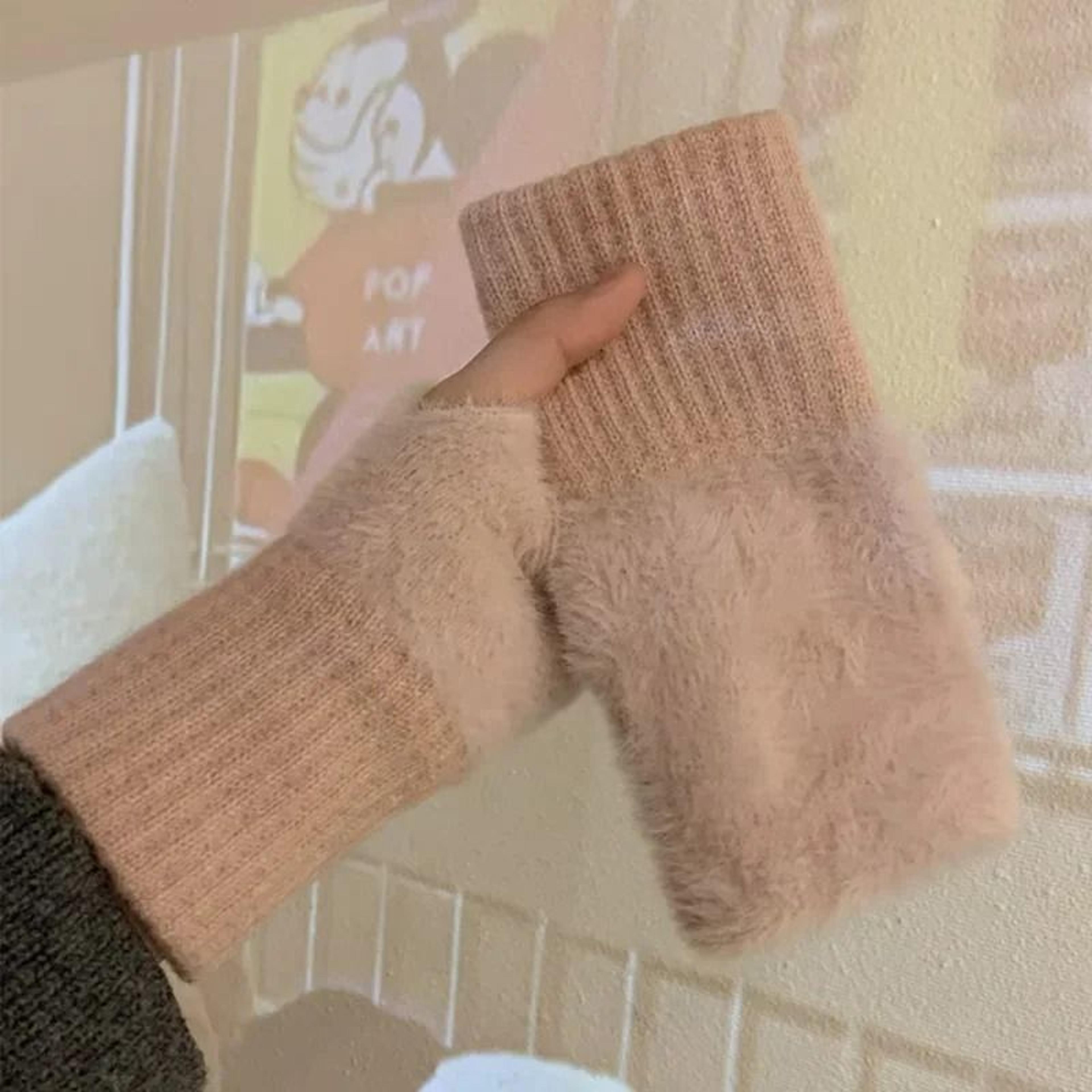 Winter Half Finger Gloves For Women Plush Knitted Fingerless Wrist Warmers 9