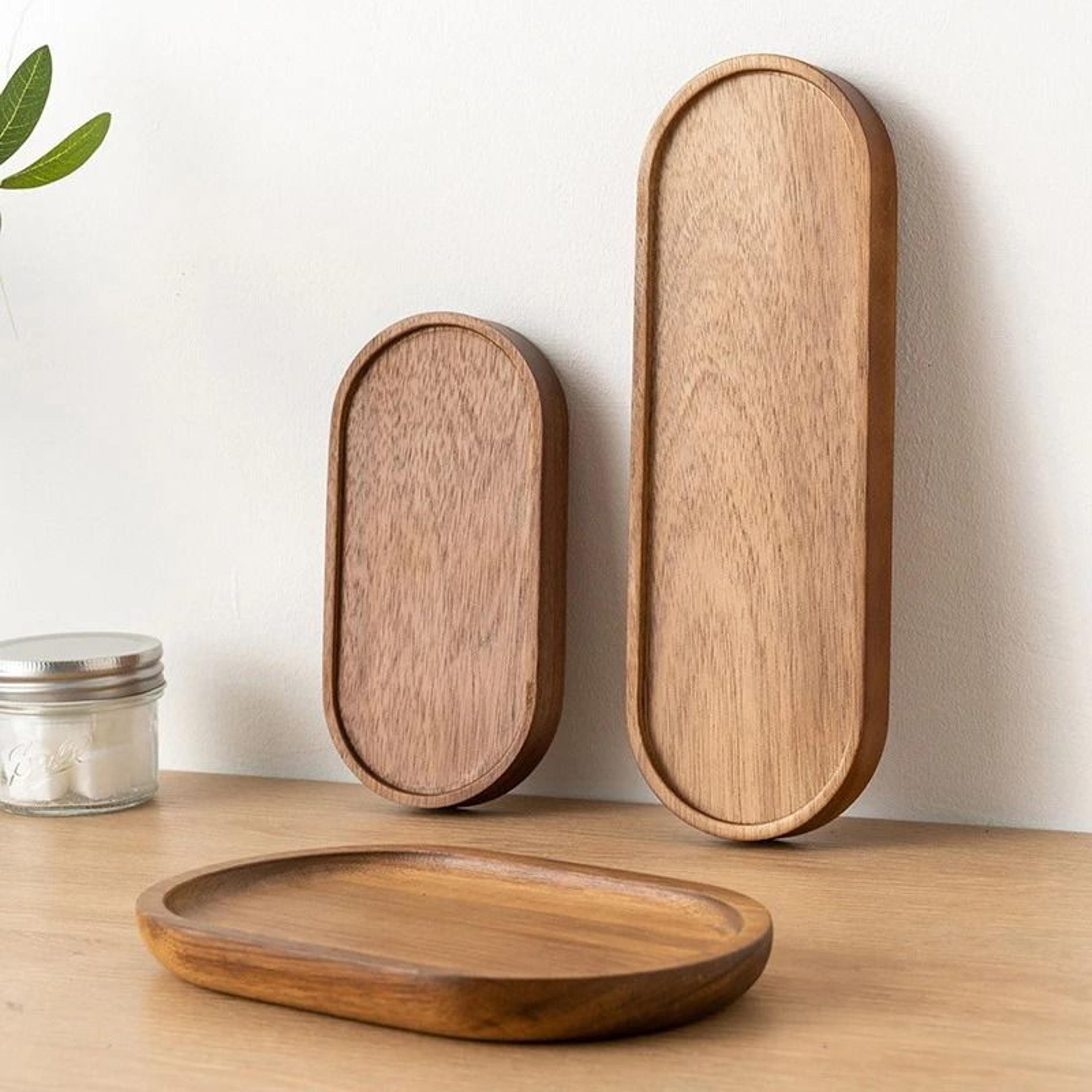Solid Wood Serving Tray Japanese Style Round Rectangle Dessert Plate 0