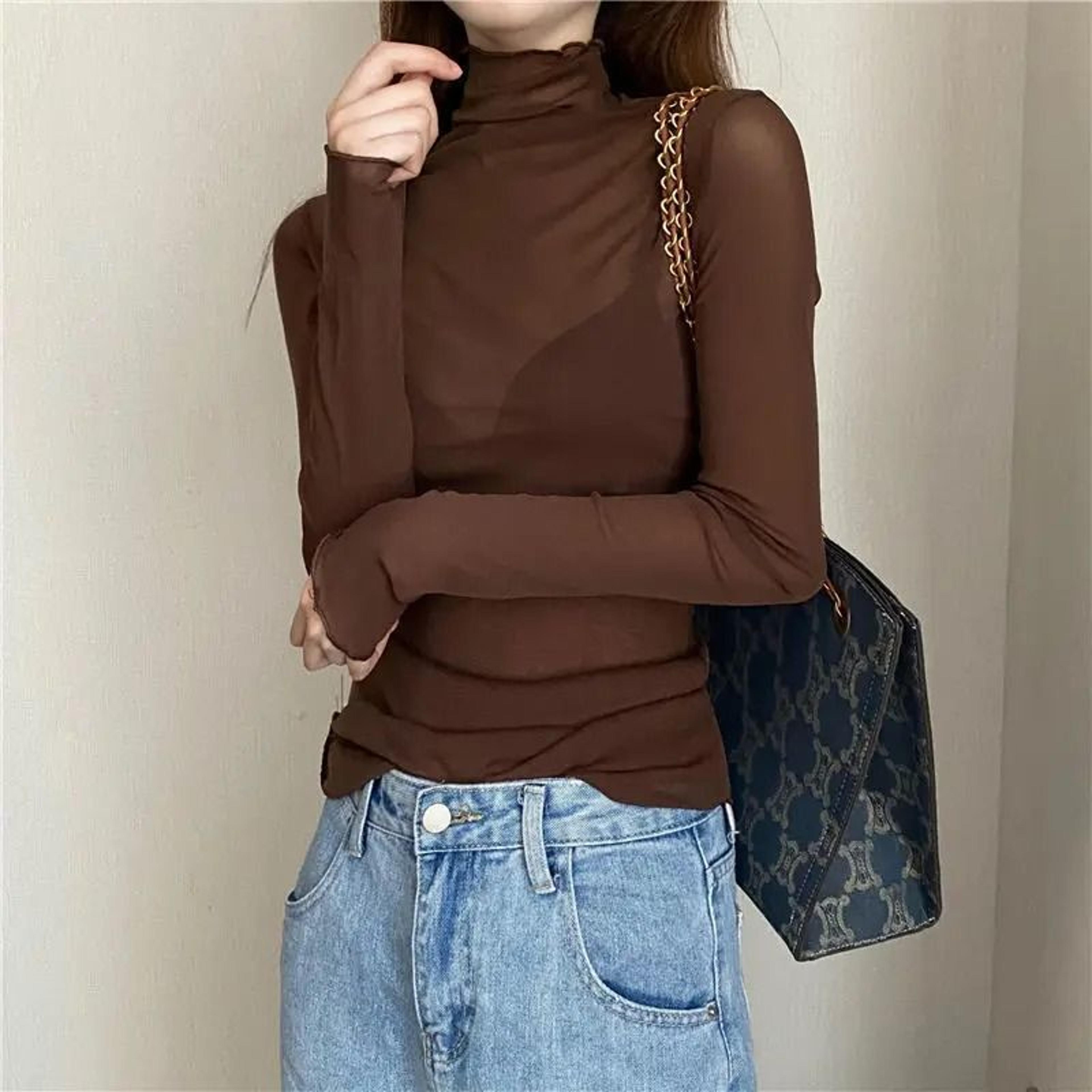 Sheer Transparent Mesh LongSleeve Crop Turtleneck Top 10