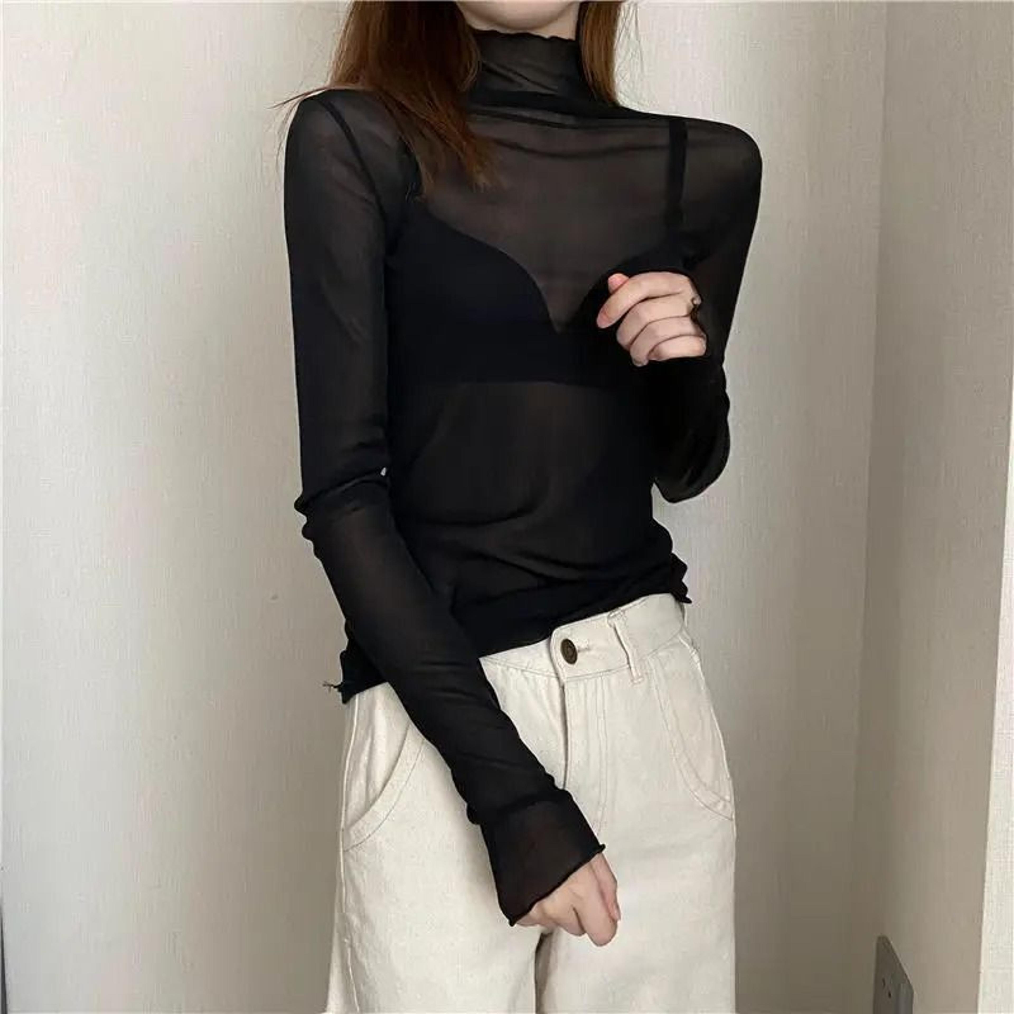 Sheer Transparent Mesh LongSleeve Crop Turtleneck Top 8