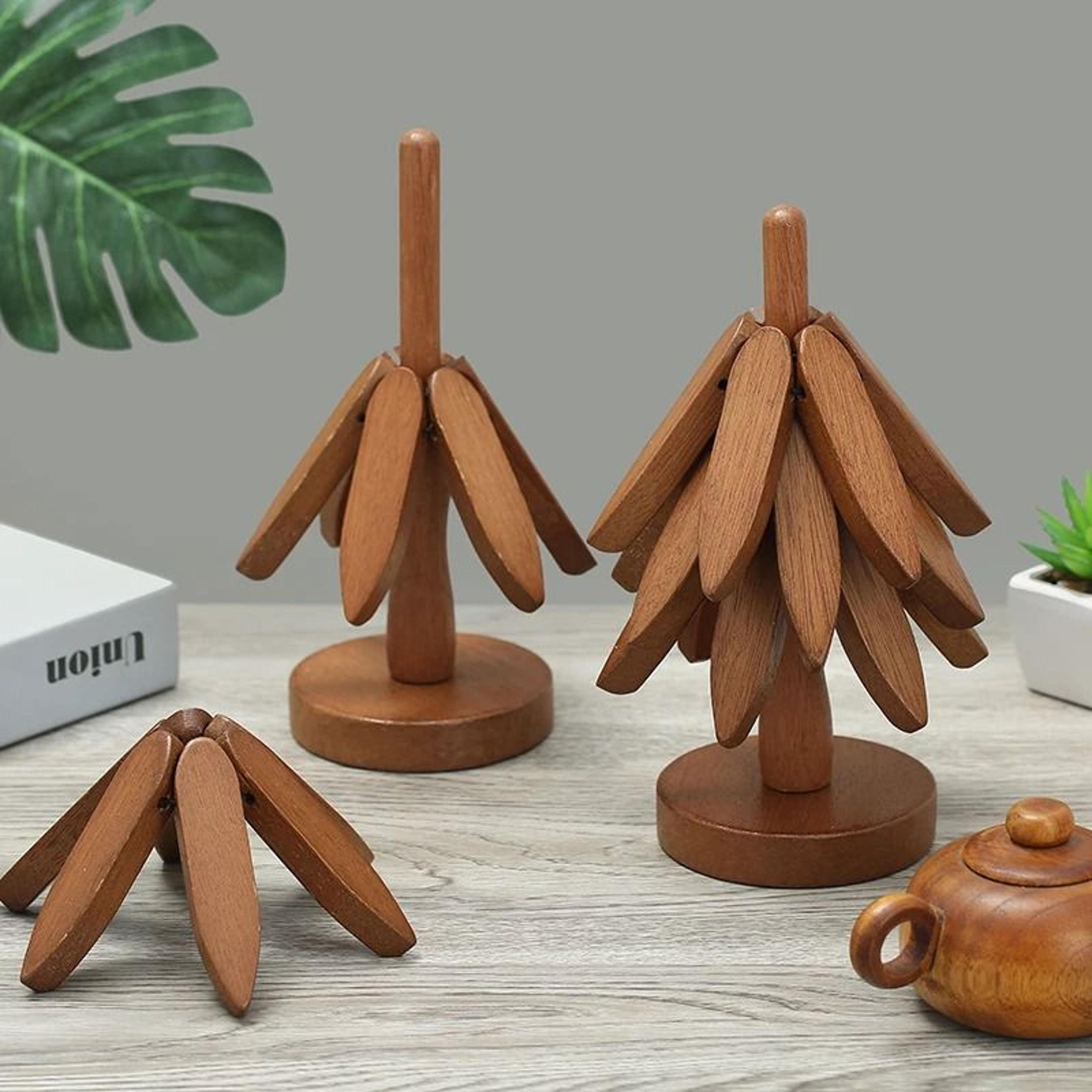 Wooden Tree Design Trivet Set Heat Resistant Table Mats For Pots And Cookware 4