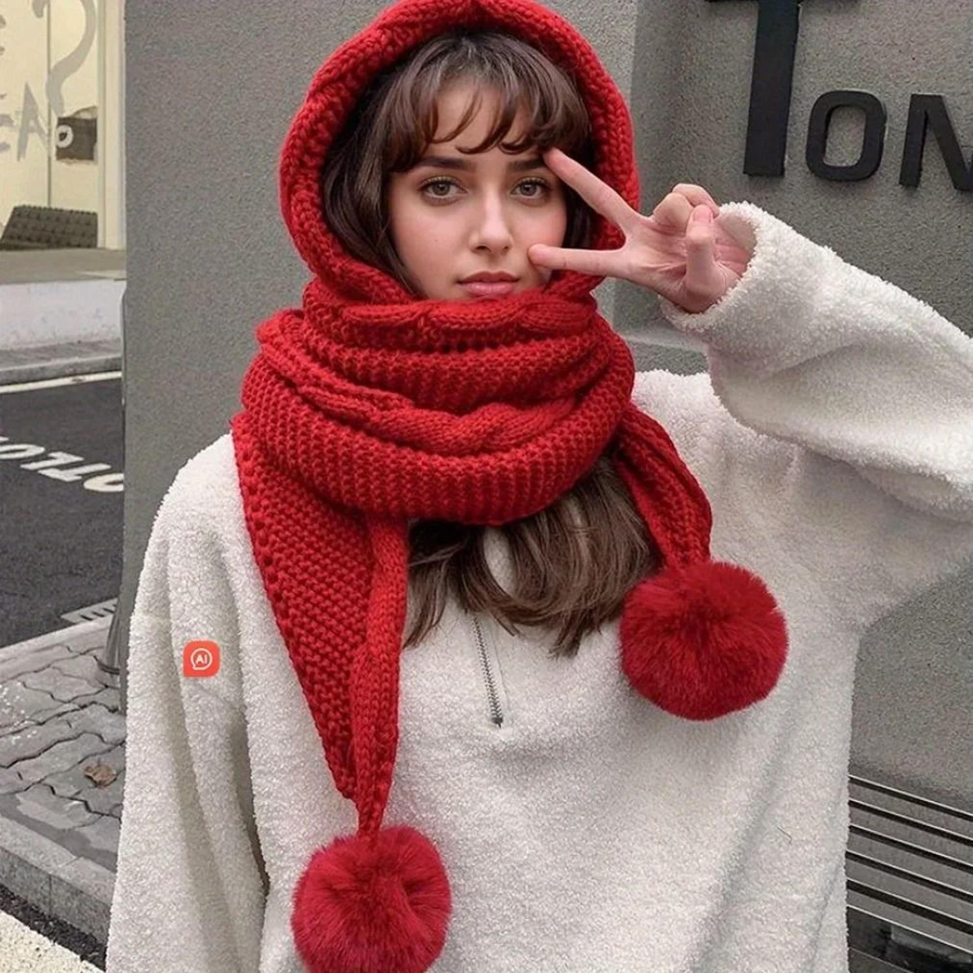 Women Winter Hat Scarf Thermal Wool Pom Beanie Balaclava Set 8