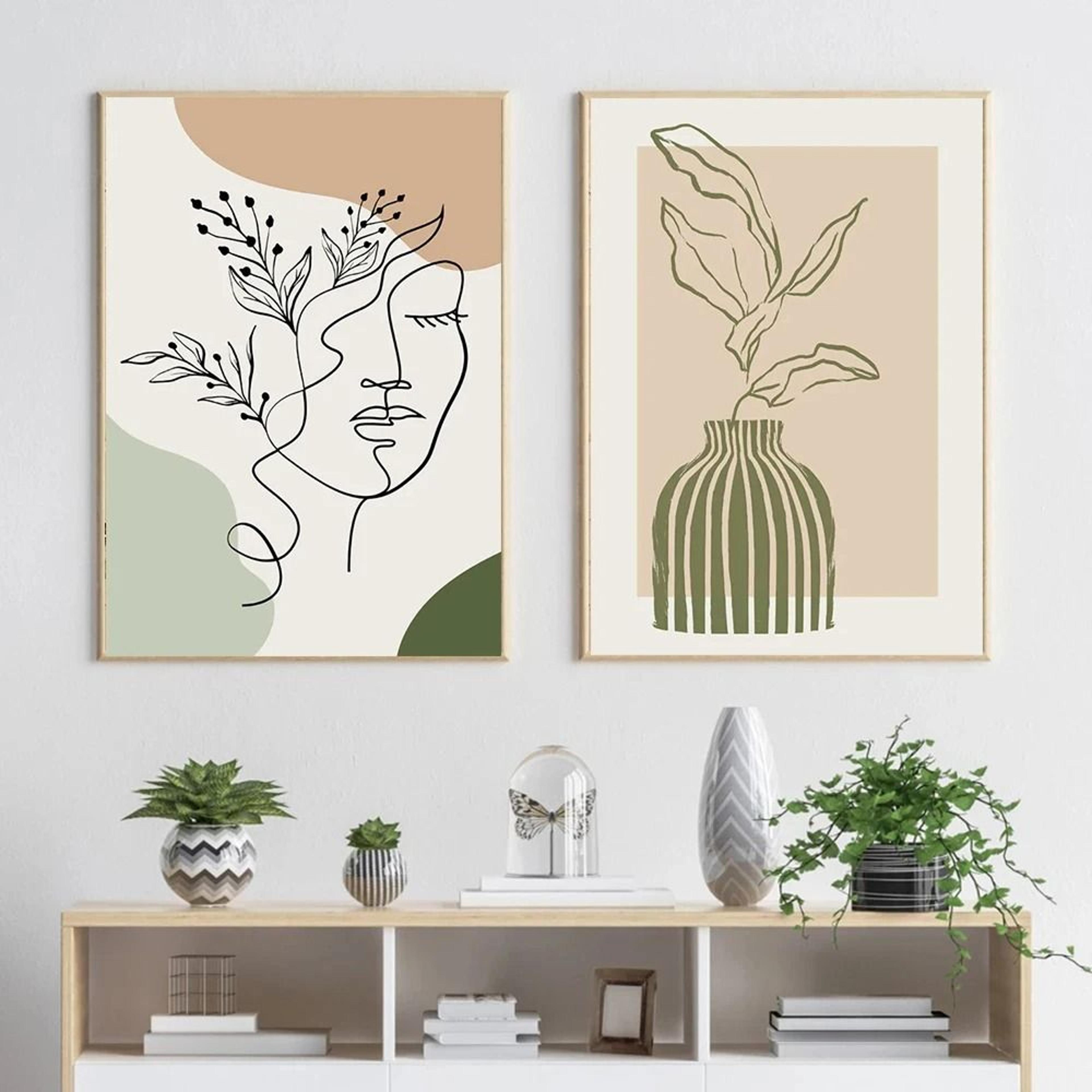 Boho Sage Green Plants Abstract Geometric Wall Art Canvas Decoration 2