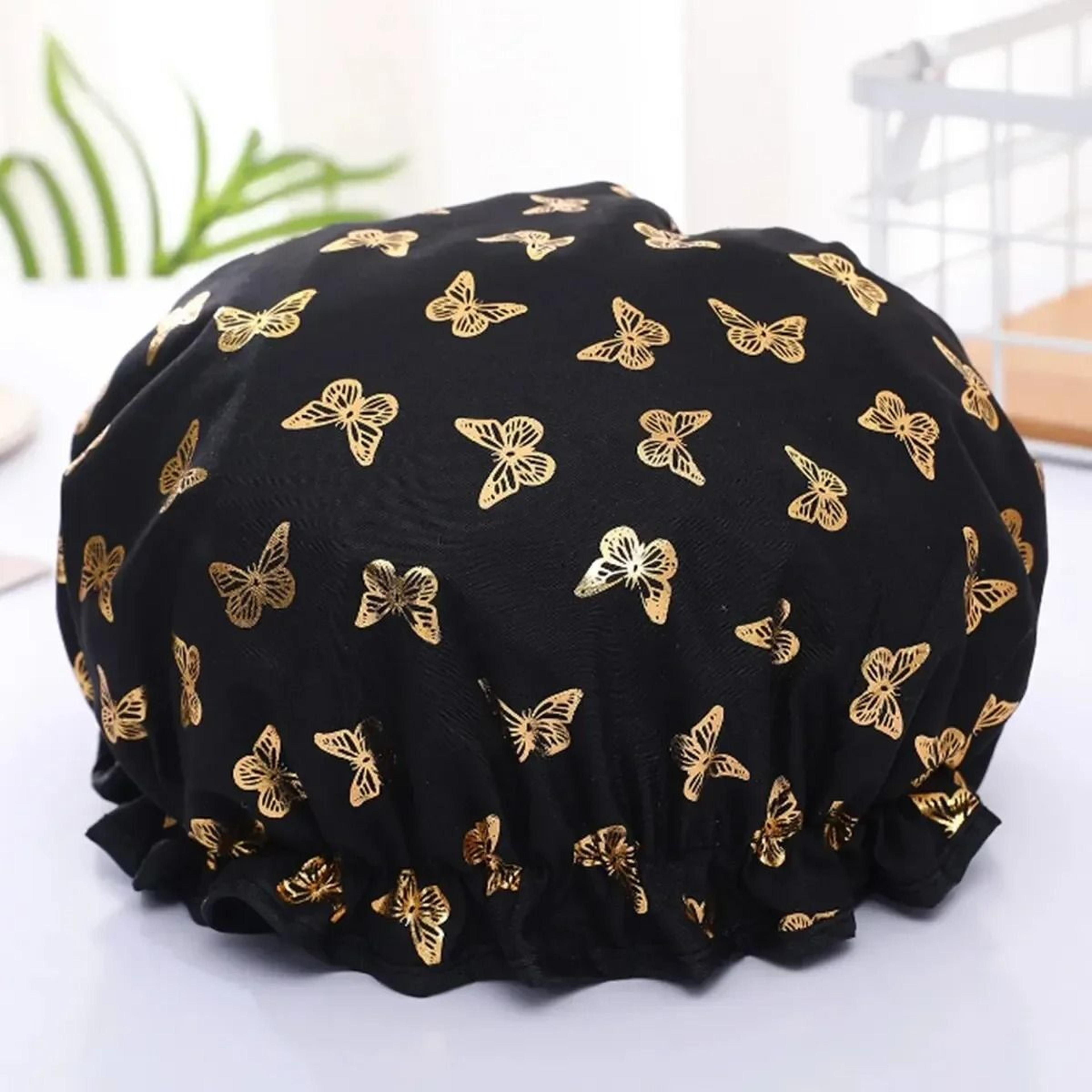 Double Layer Waterproof Shower Cap For Women Hot Gold Printed Cotton Design 7