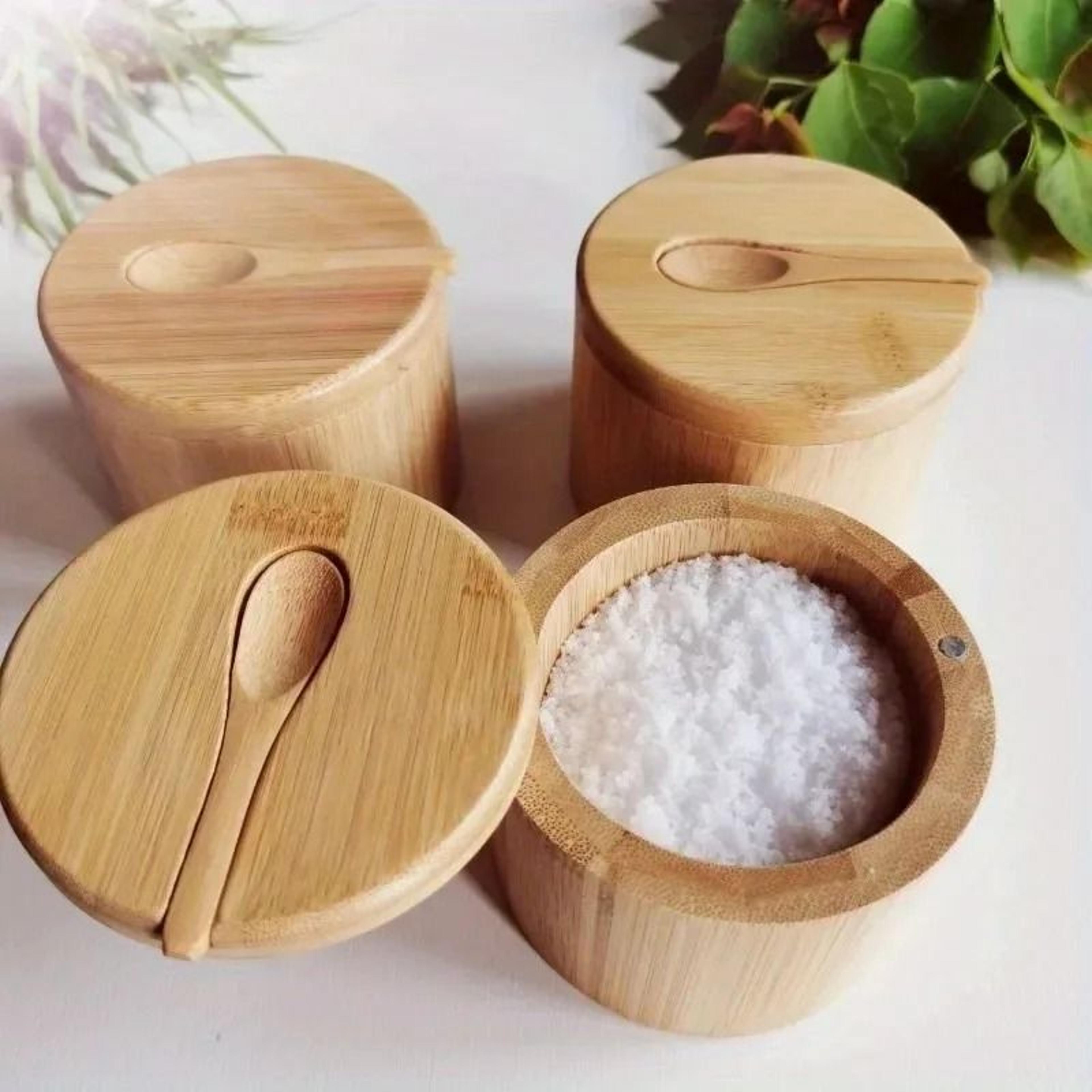 bamboo salt and seasoning jar set for kitchen counter storage