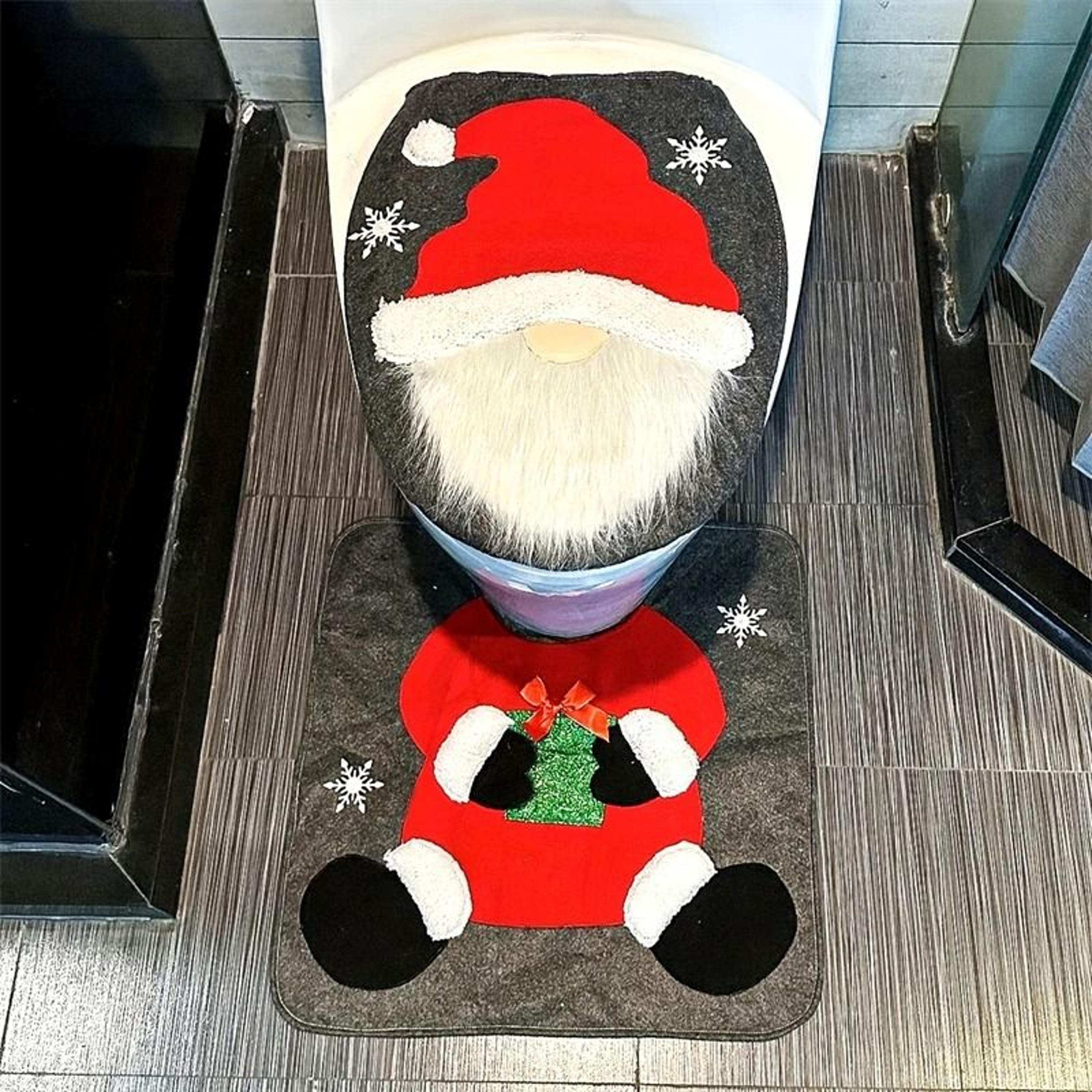 Santa Toilet Seat Cover And Rug Set For Christmas Bathroom Decor 5