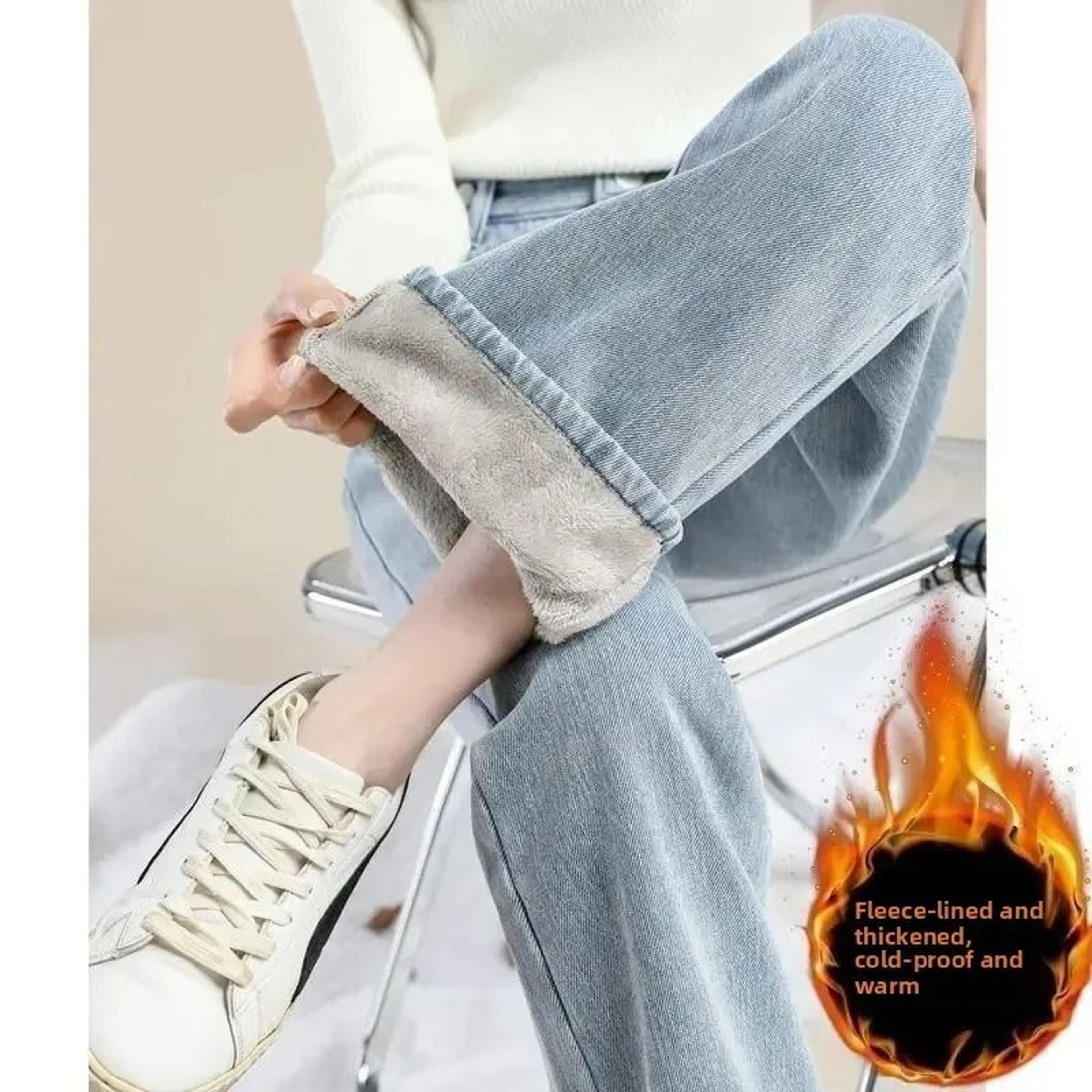 Thickened Fleece Lined Womens Wide Leg Jeans Winter Warm Straight Cut Pants 6