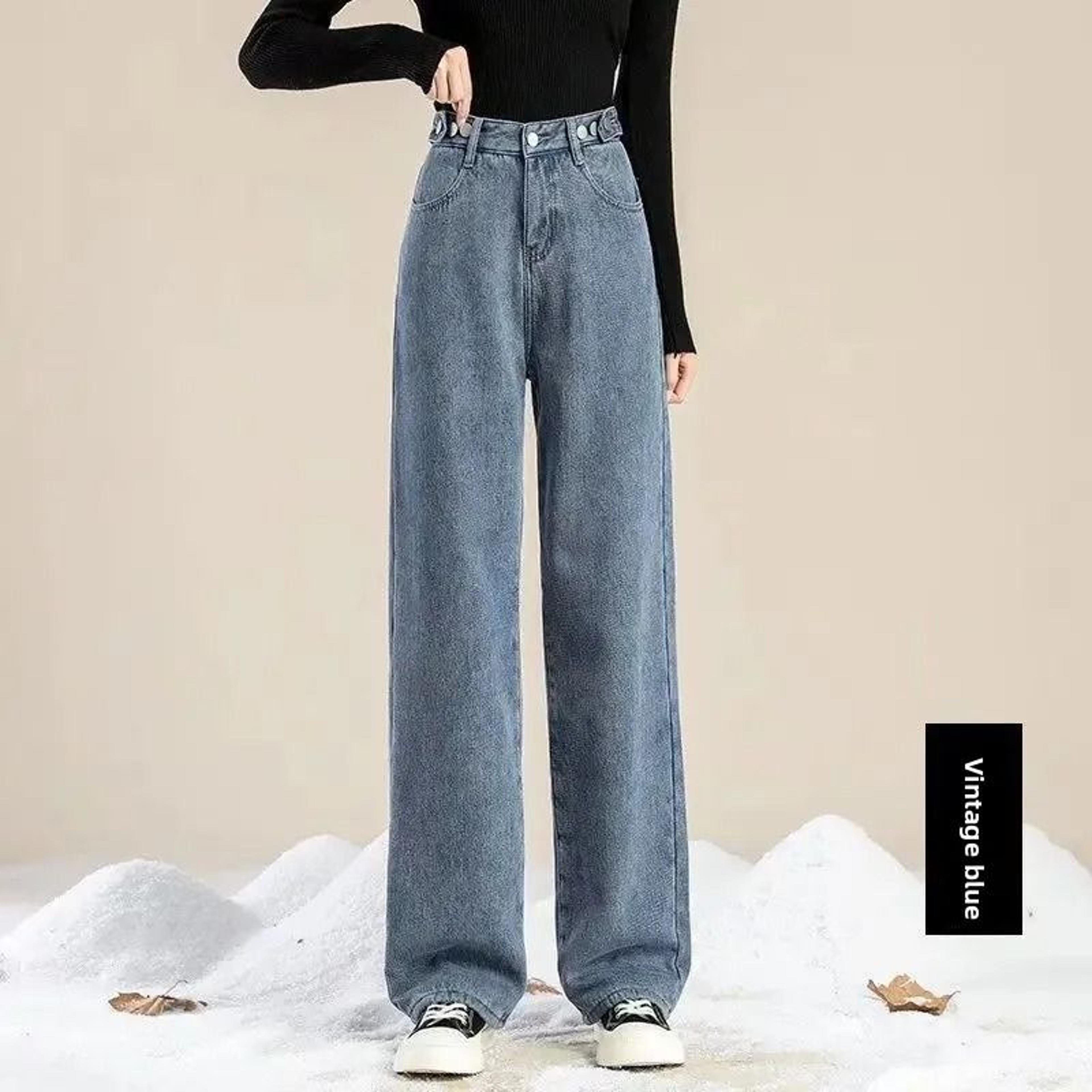 Thickened Fleece Lined Womens Wide Leg Jeans Winter Warm Straight Cut Pants 8