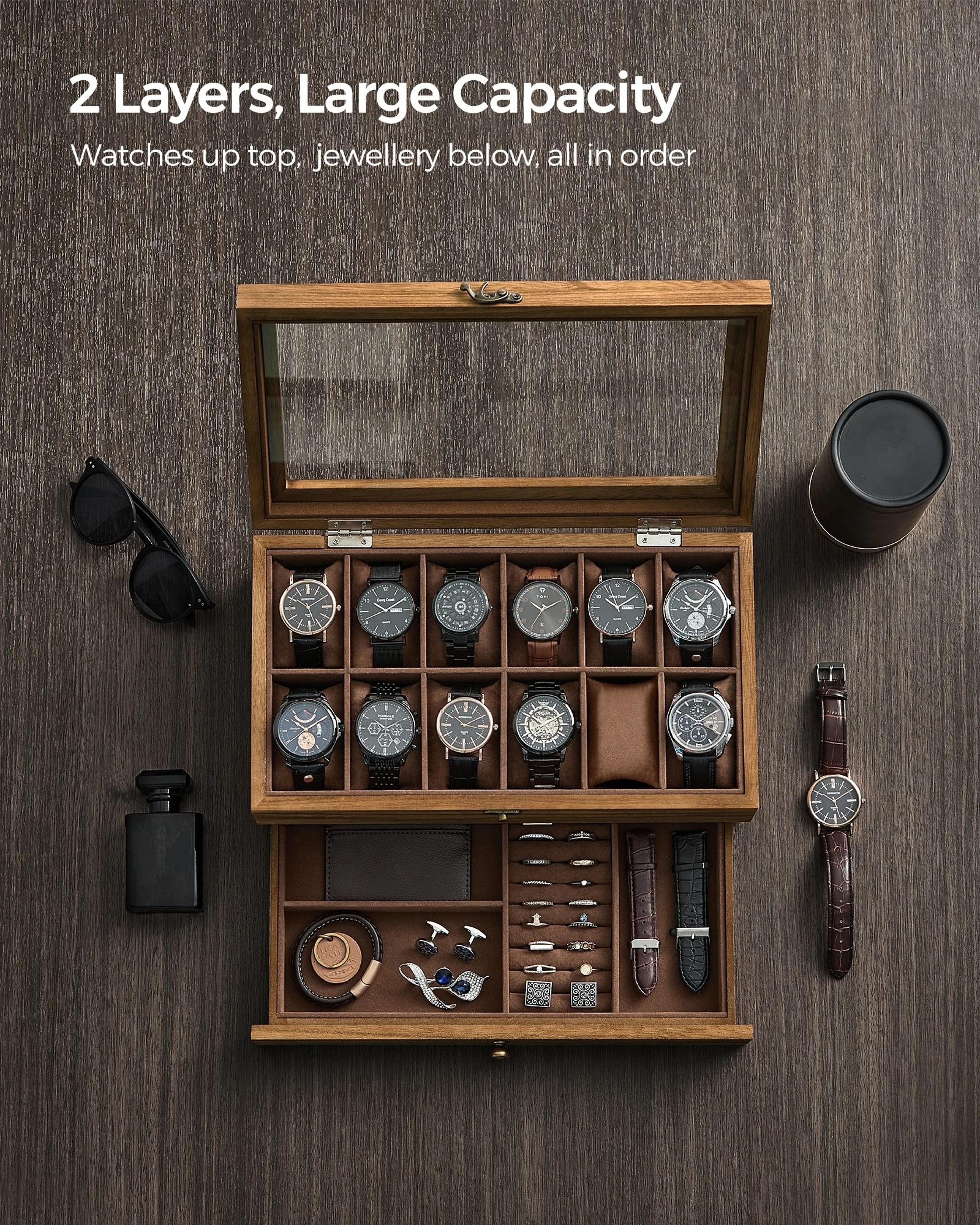 Two Tier Watch Box With Glass Lid Velvet Lining And Removable Pillows 2