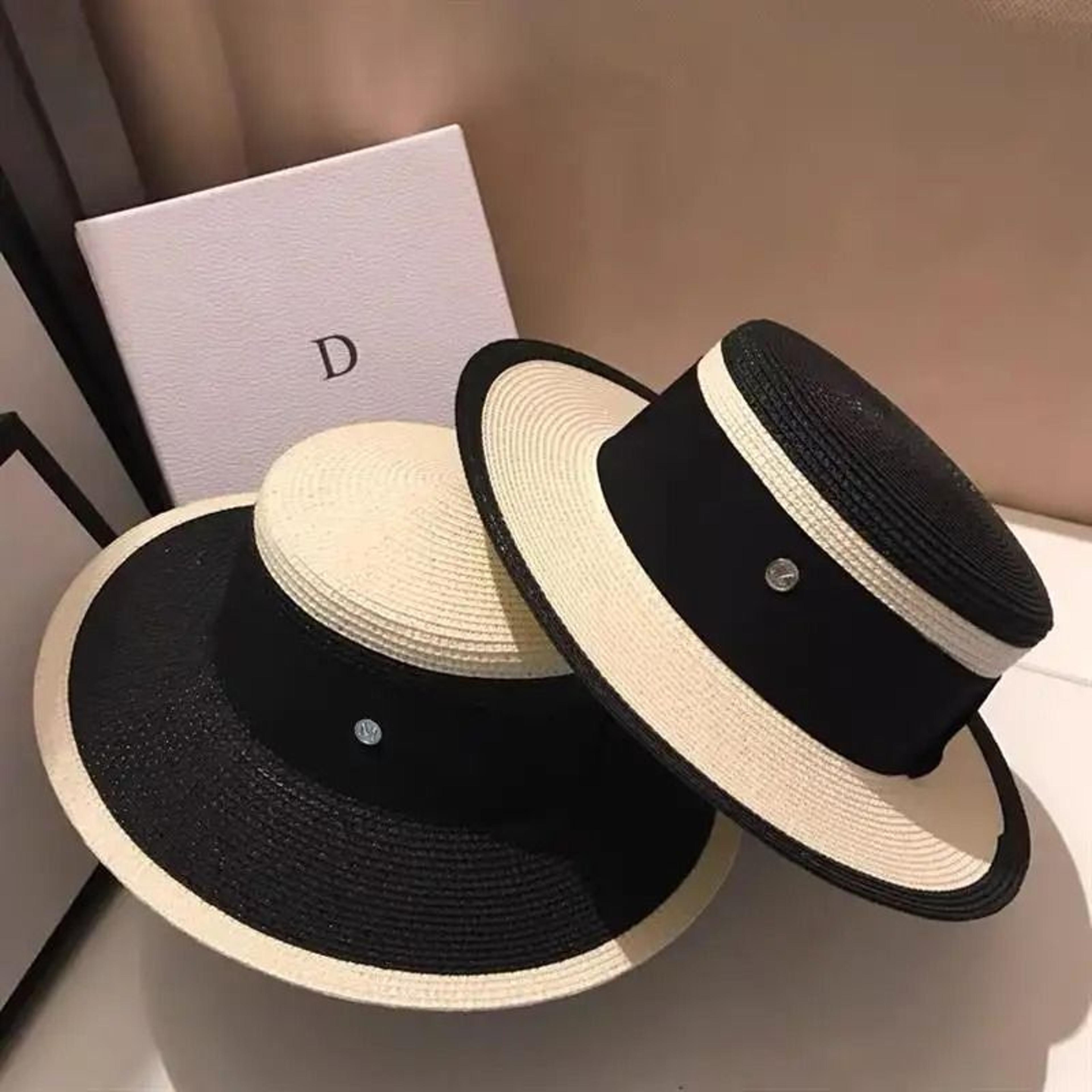 Hepburn Style Womens Flat Top Straw Hat Elegant Black White Fashion Sun Hat 0