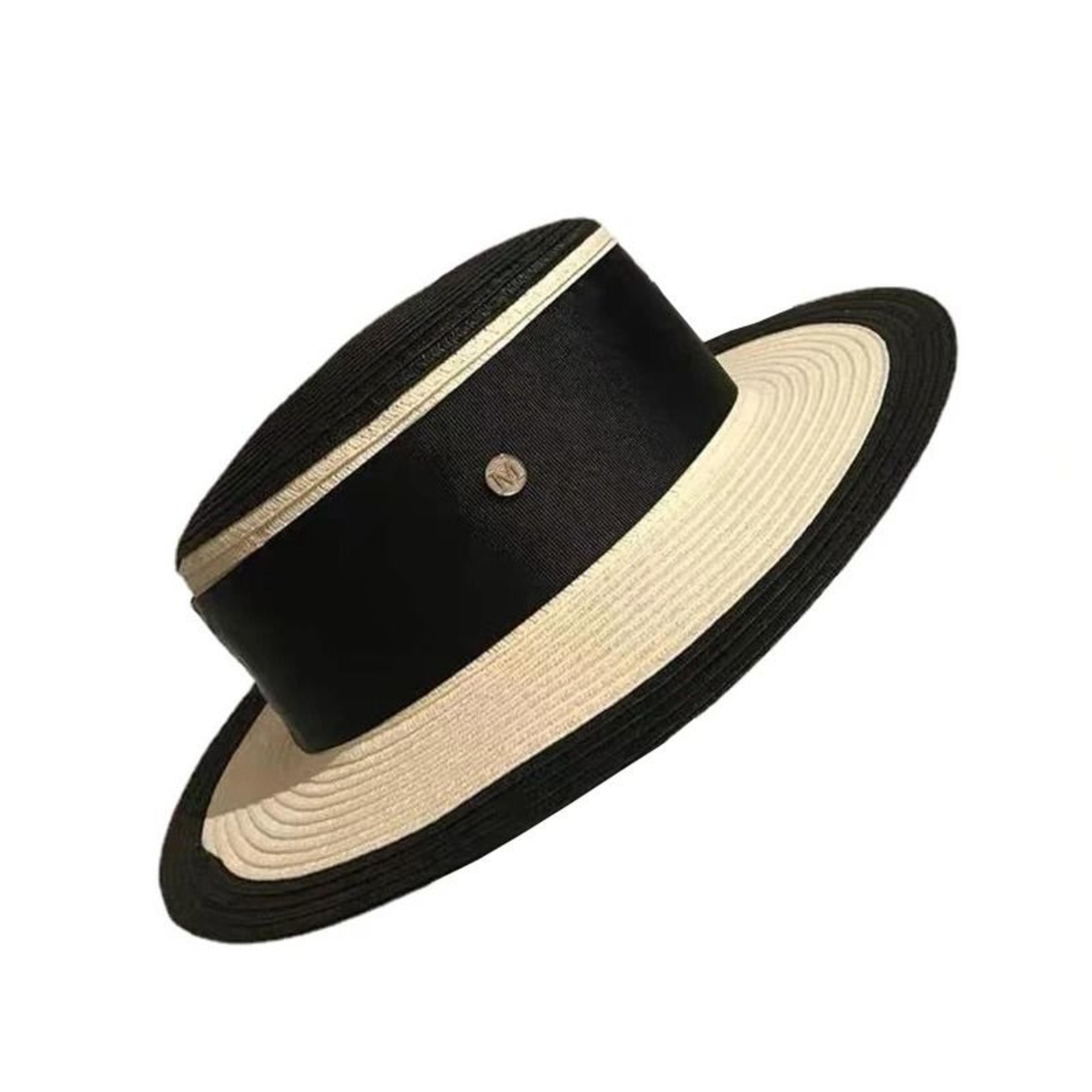 Hepburn Style Womens Flat Top Straw Hat Elegant Black White Fashion Sun Hat 3