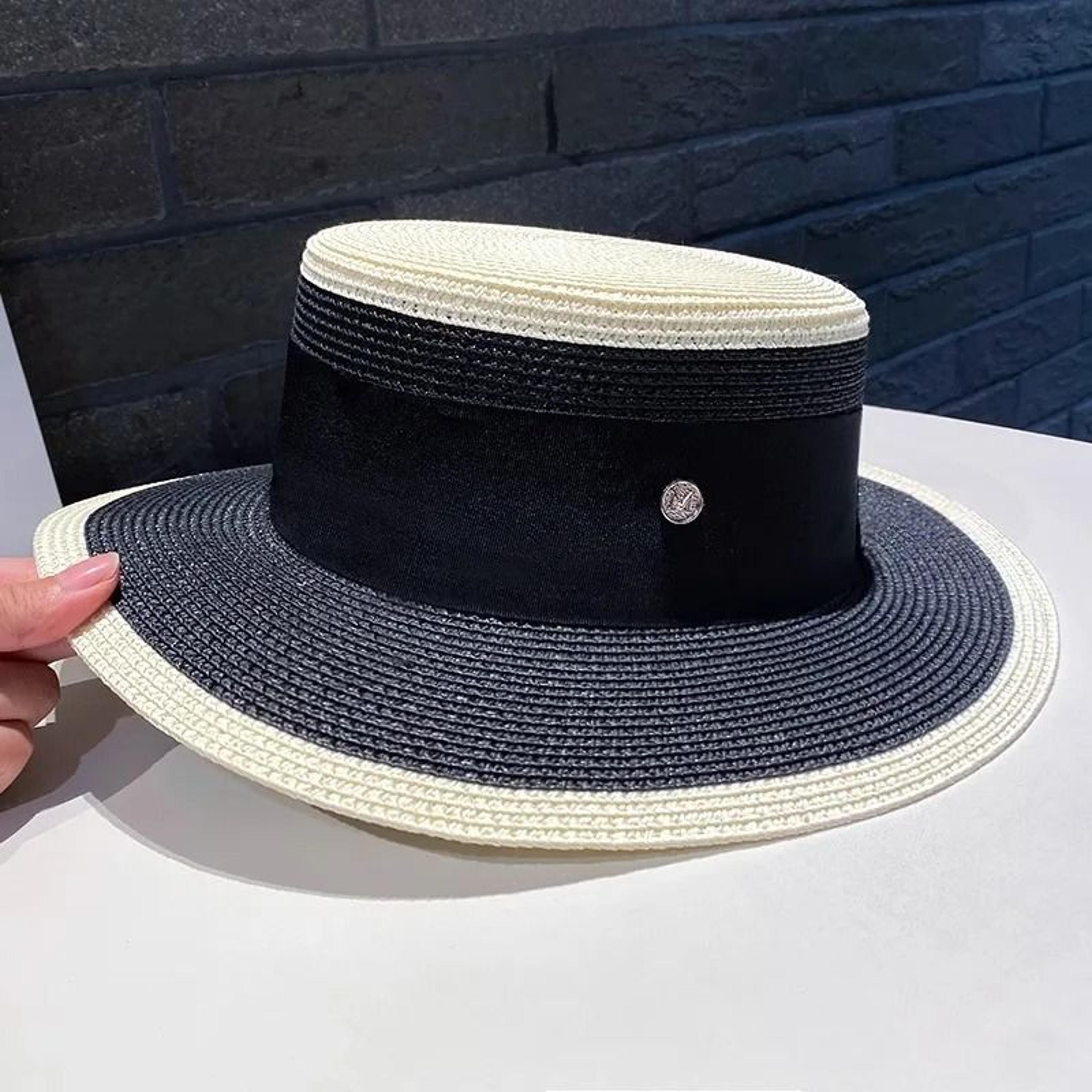 Hepburn Style Womens Flat Top Straw Hat Elegant Black White Fashion Sun Hat 7