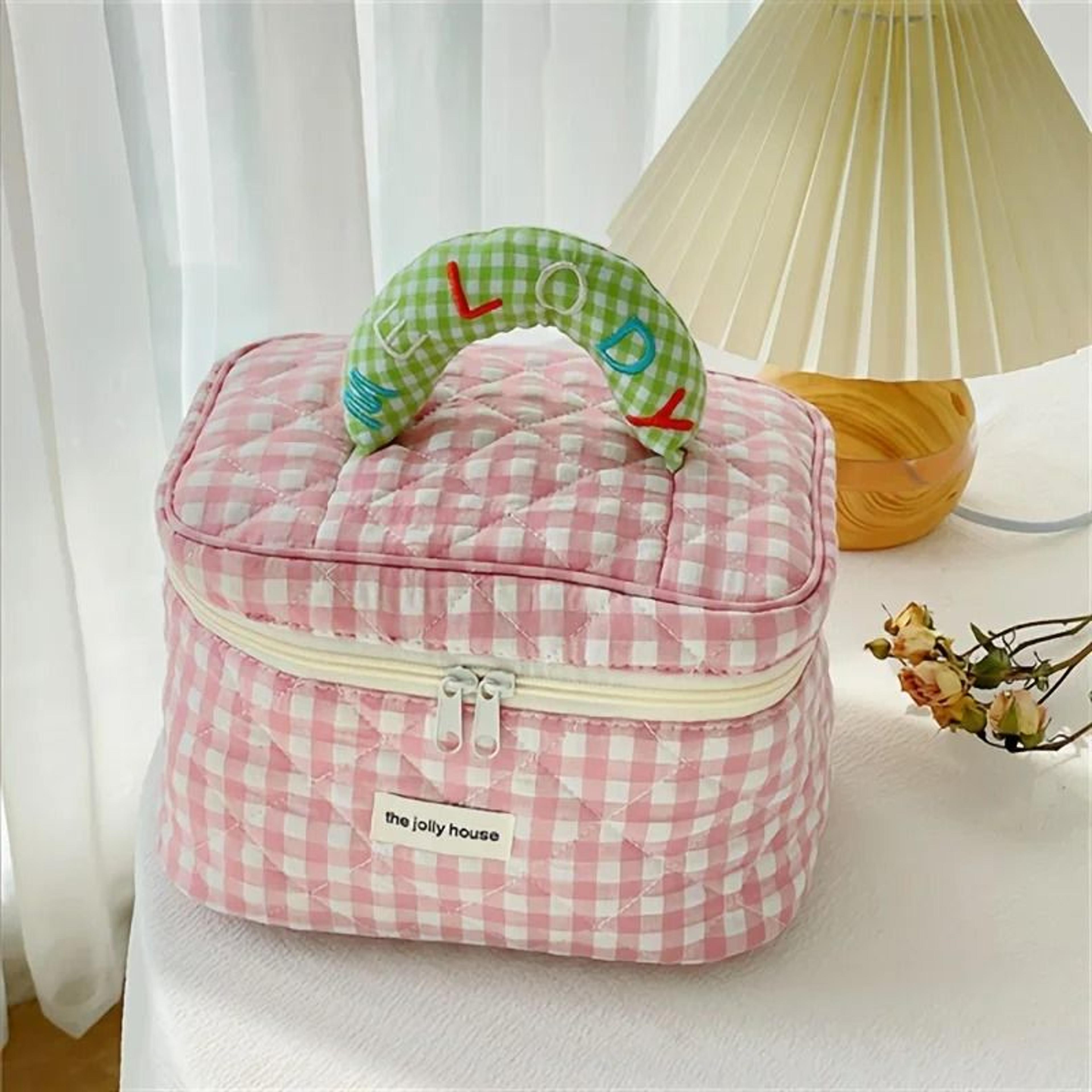 Cute Check Pattern Makeup Bucket Bag For Ladies Travel And Storage 5