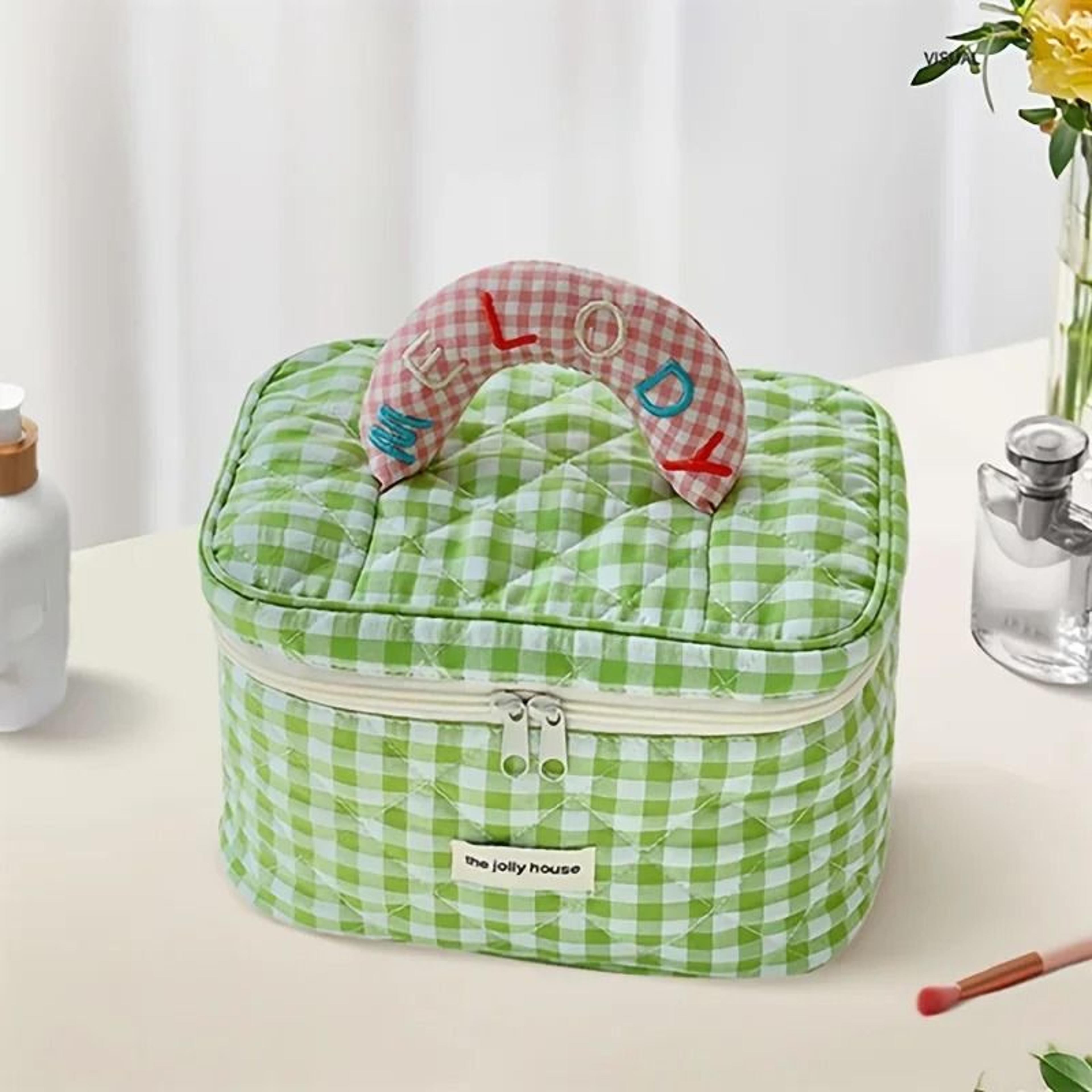 Cute Check Pattern Makeup Bucket Bag For Ladies Travel And Storage 6
