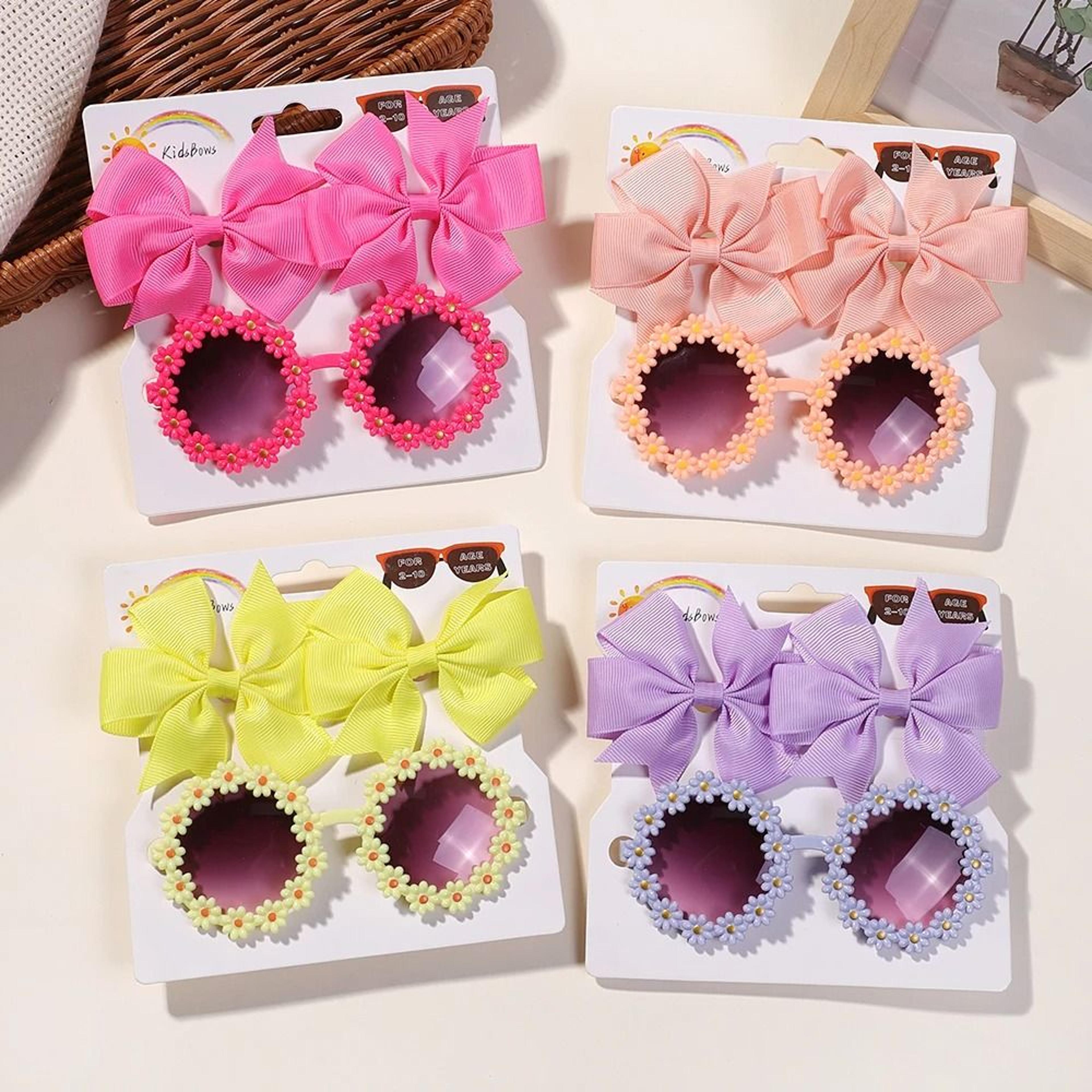 Cheer Bow Hairclips And Retro Flower Sunglasses Set For Kids 1