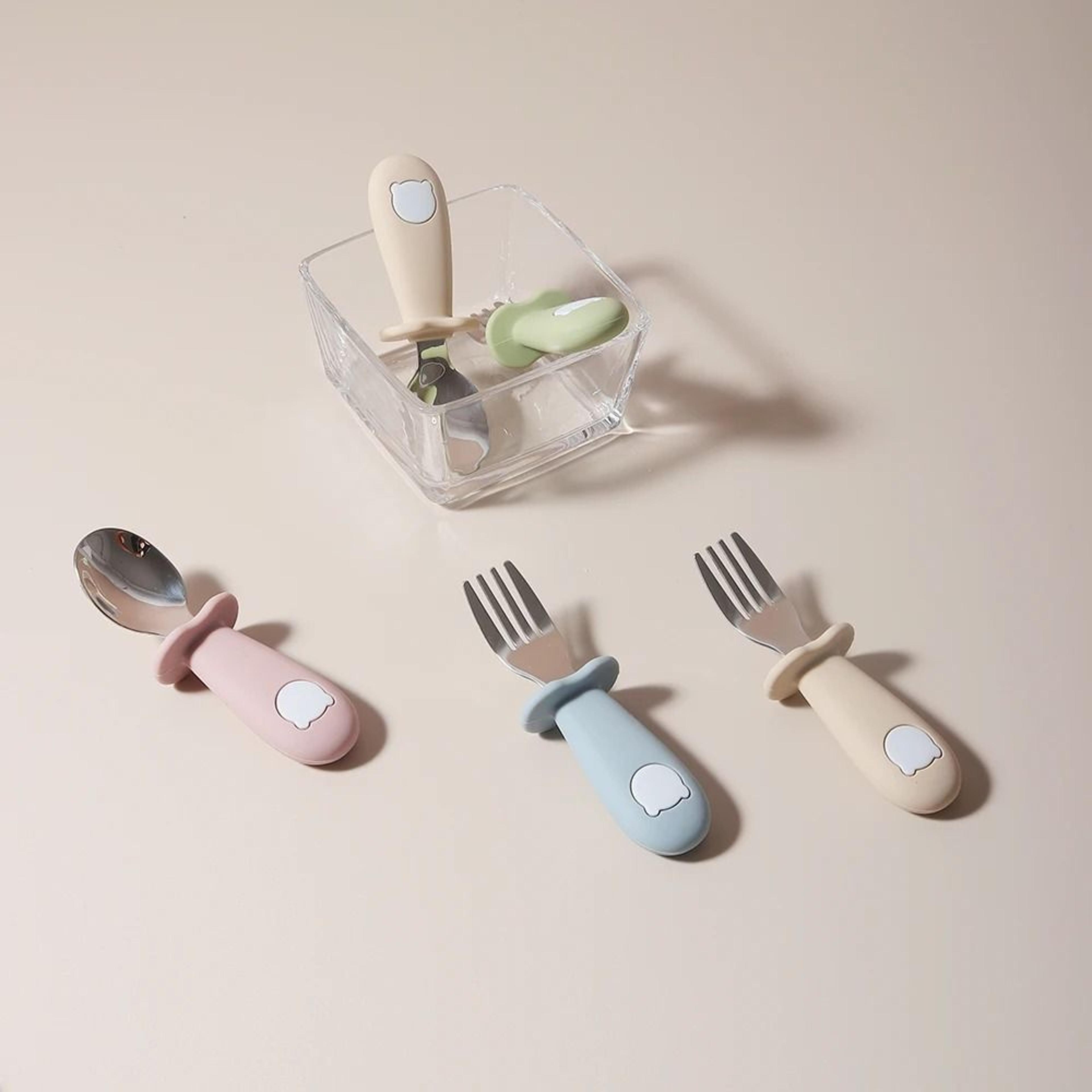 Baby Panda Shape Silicone Spoon And Fork Stainless Steel Feeding Set 2
