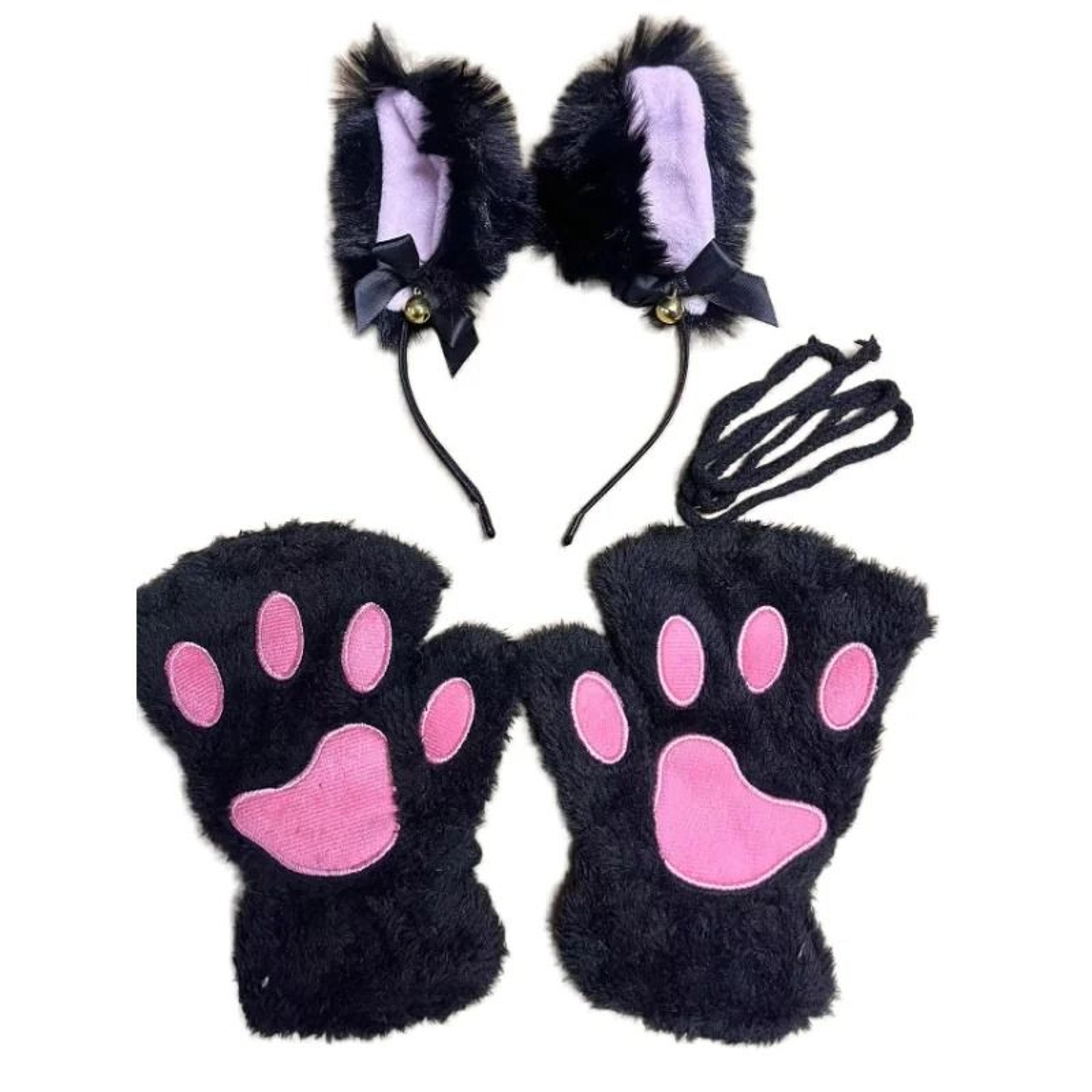 Cute Cartoon Cat Paw Winter Gloves With Bell Headband And Cat Ear Accessories Set 10