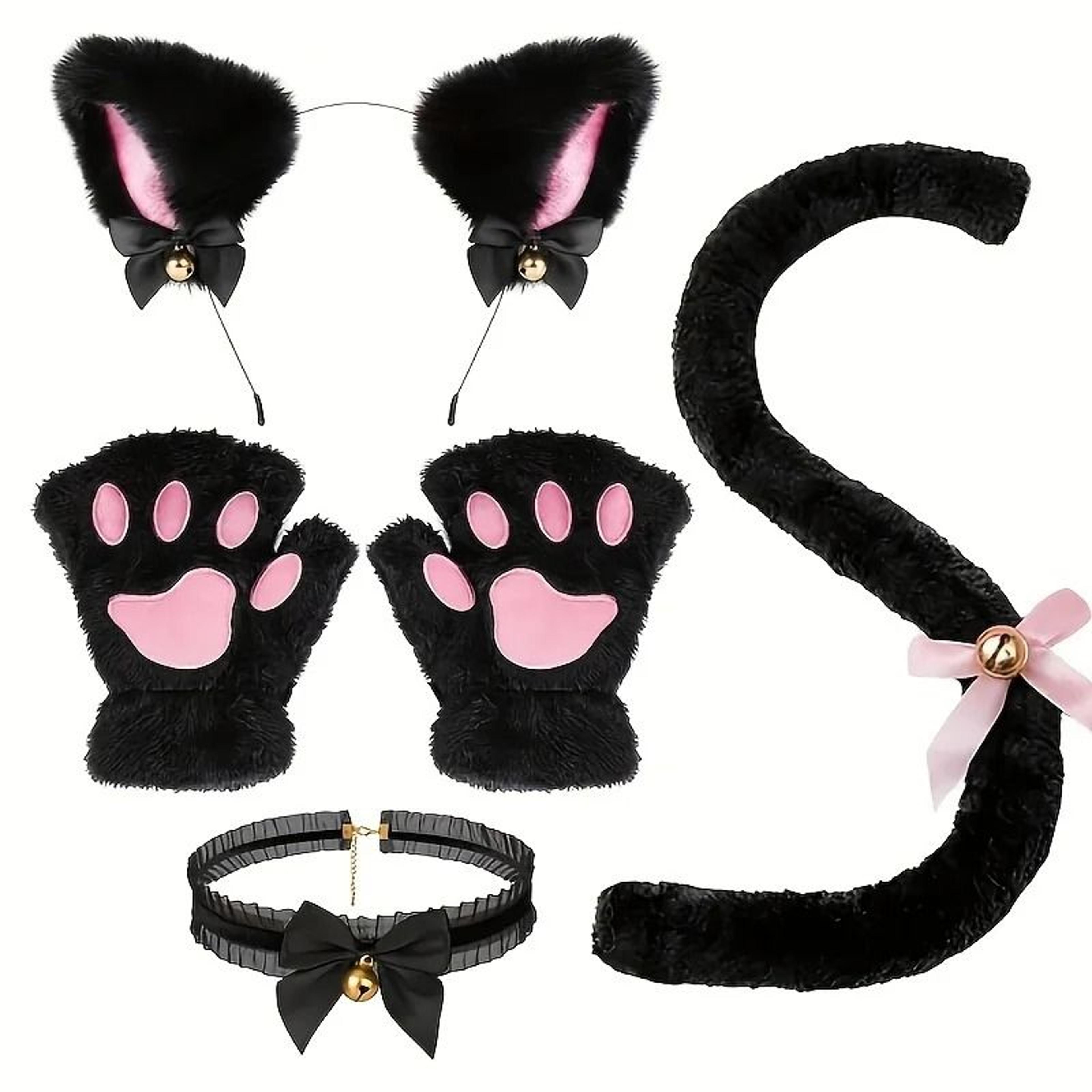 Cute Cartoon Cat Paw Winter Gloves With Bell Headband And Cat Ear Accessories Set 1