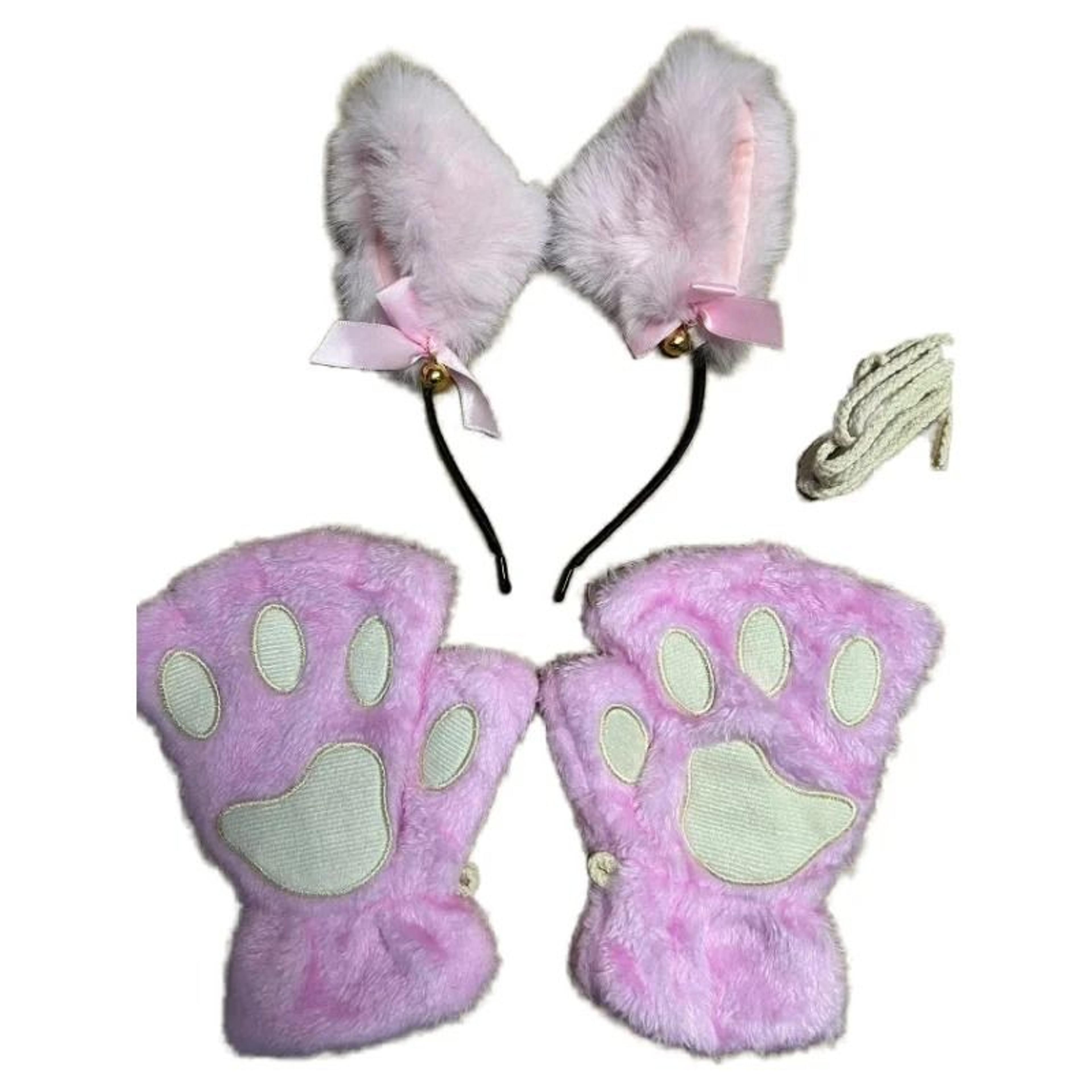 Cute Cartoon Cat Paw Winter Gloves With Bell Headband And Cat Ear Accessories Set 6