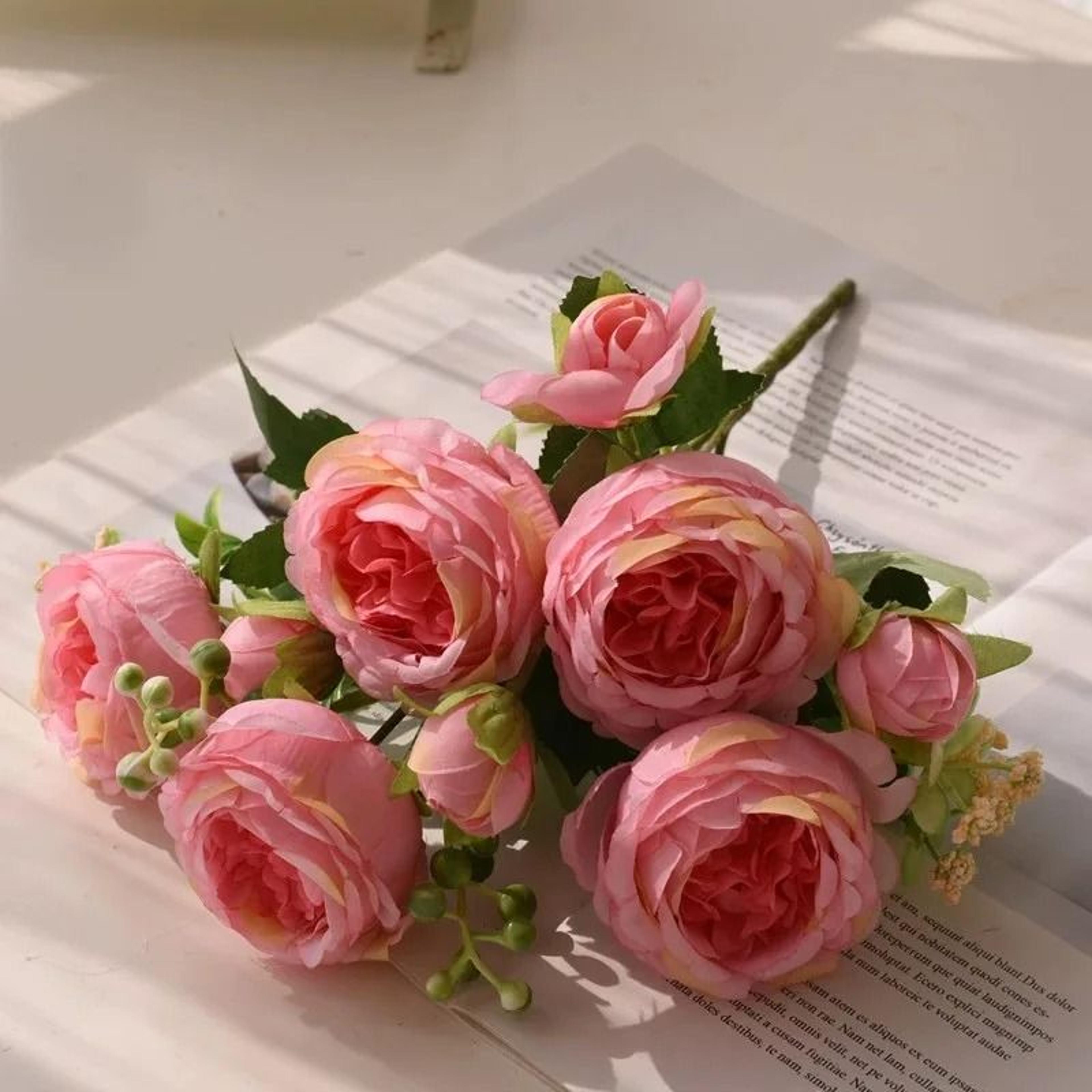 Rose Pink Silk Peony Bouquet With 5 Large Heads And 4 Small Buds For Wedding And Home Decoration 13