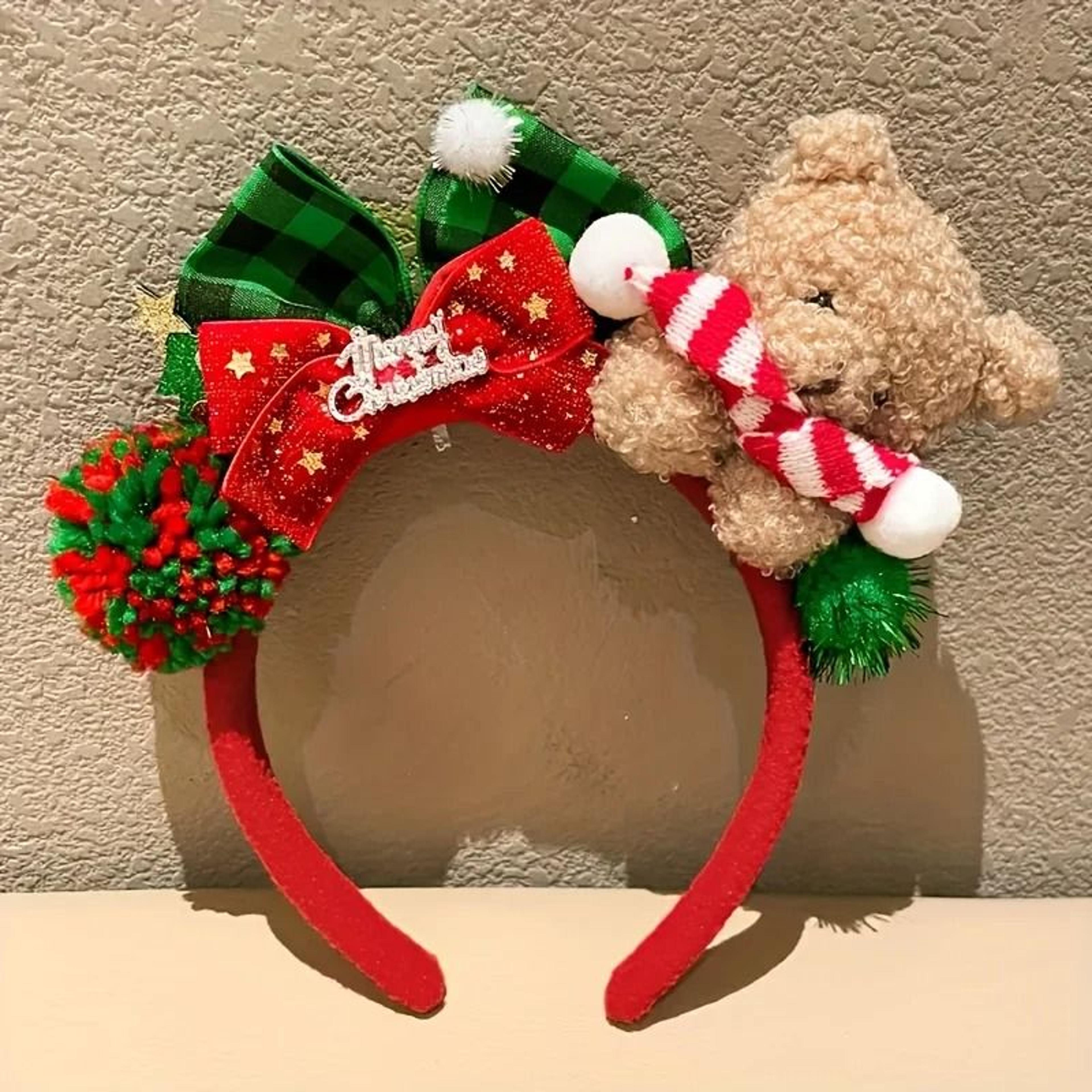 Christmas Bear Headband With Festive Bow Plush Holiday Hair Accessory For Women 2
