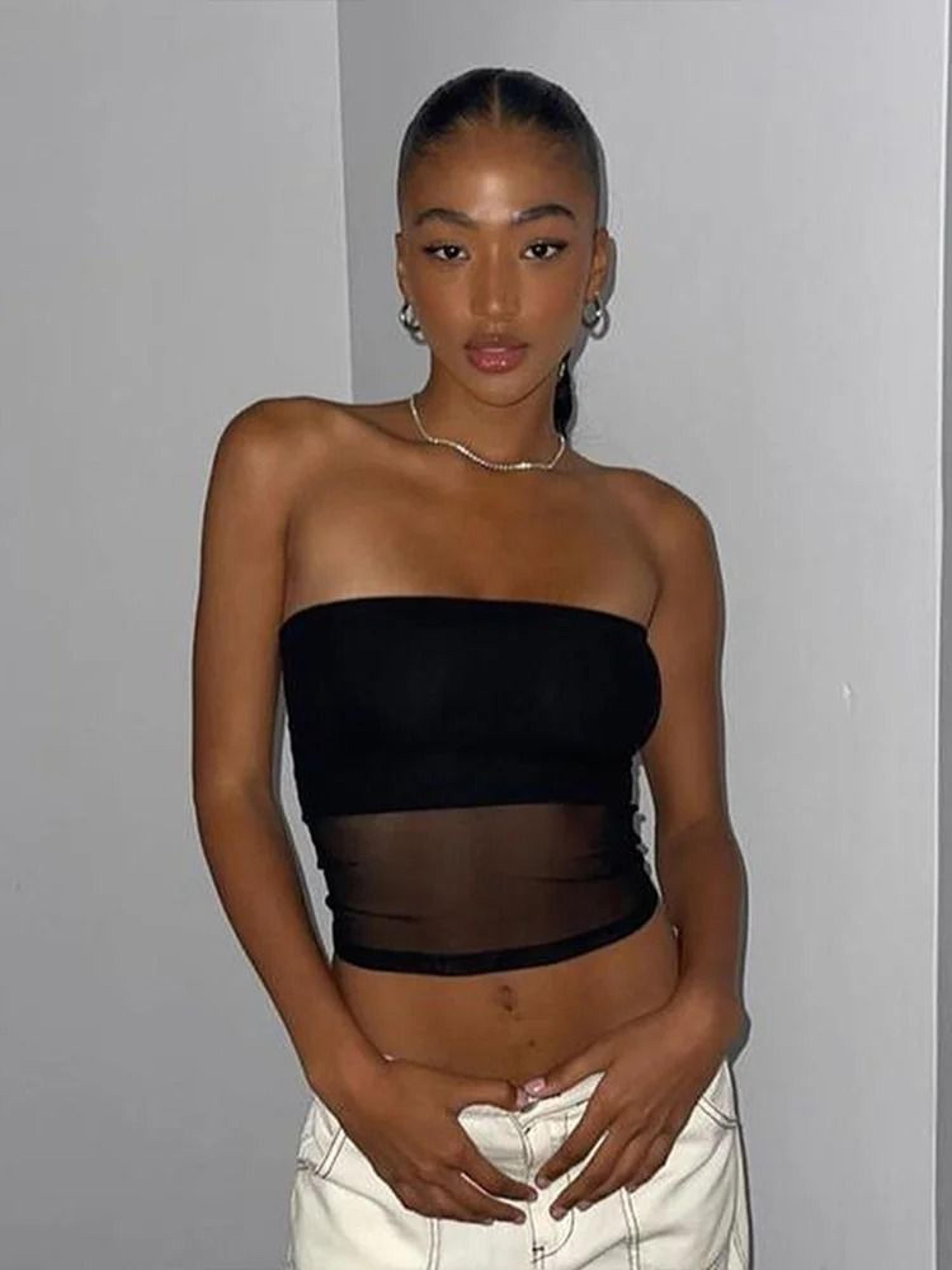 Womens Mesh Patchwork Strapless Corset Crop Top 1
