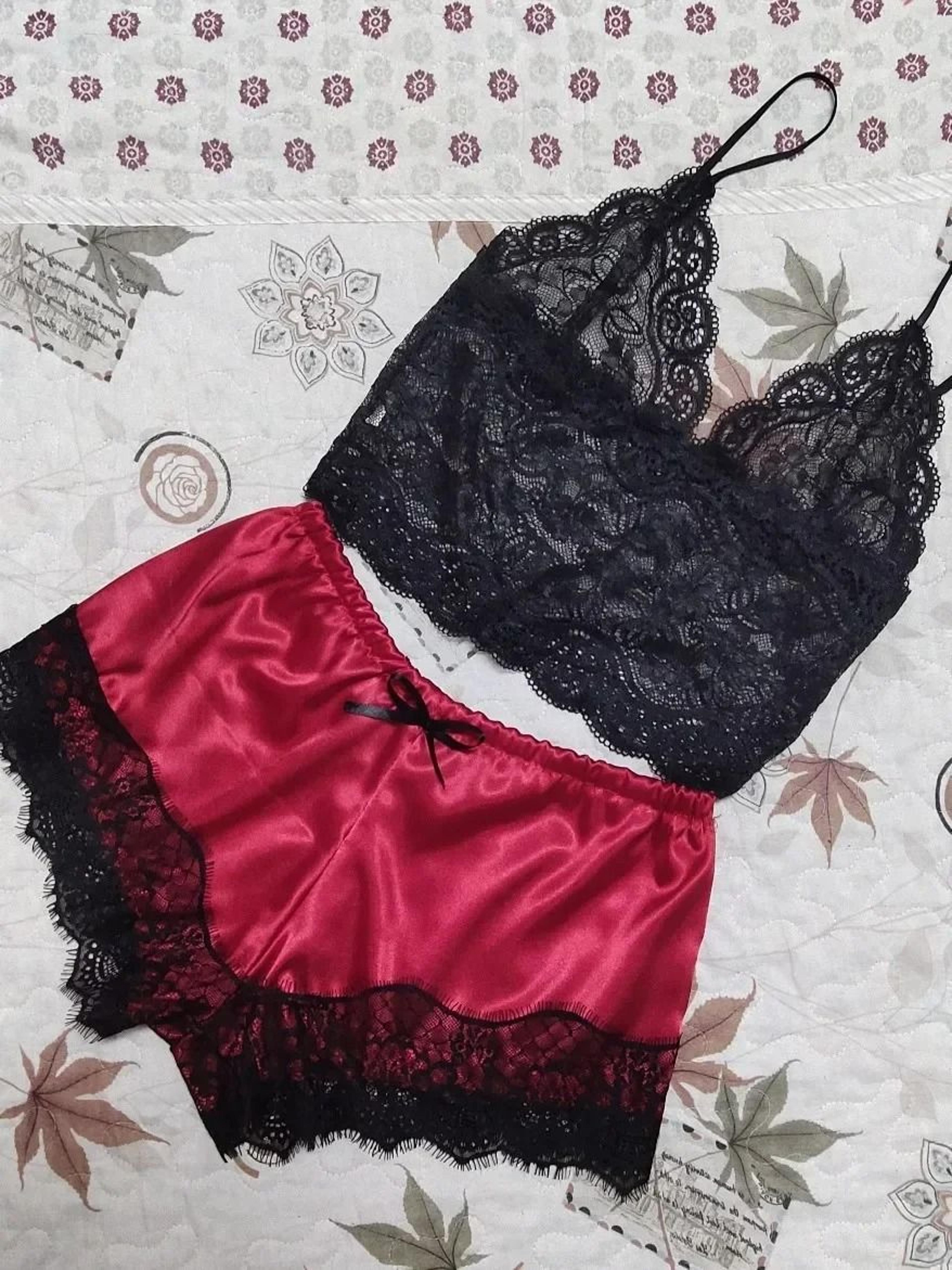 Silky Lace Pajama Set For Women  2Piece Sexy Sleepwear Crop Top  Shorts Nightwear 9
