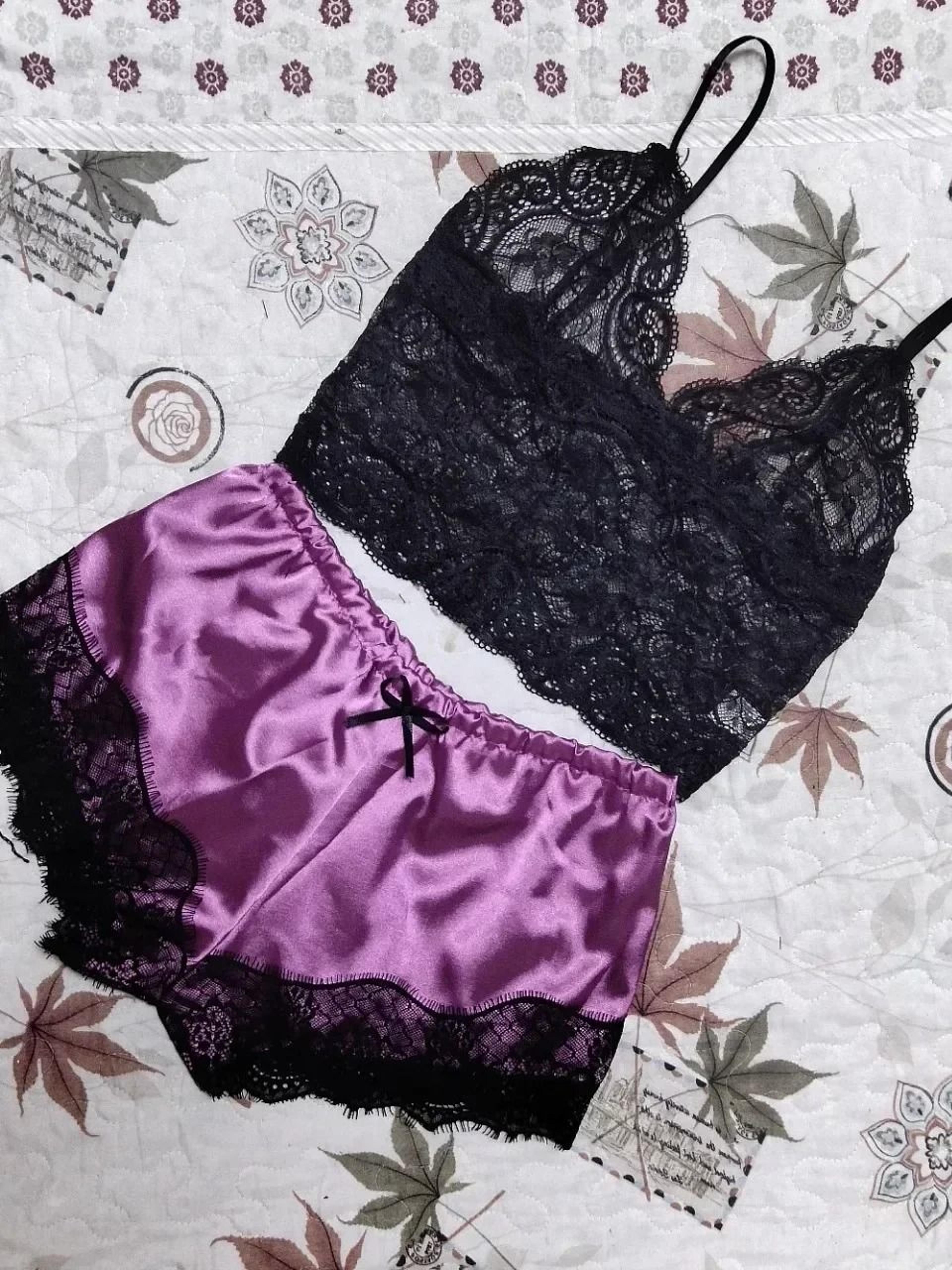 Silky Lace Pajama Set For Women  2Piece Sexy Sleepwear Crop Top  Shorts Nightwear 8