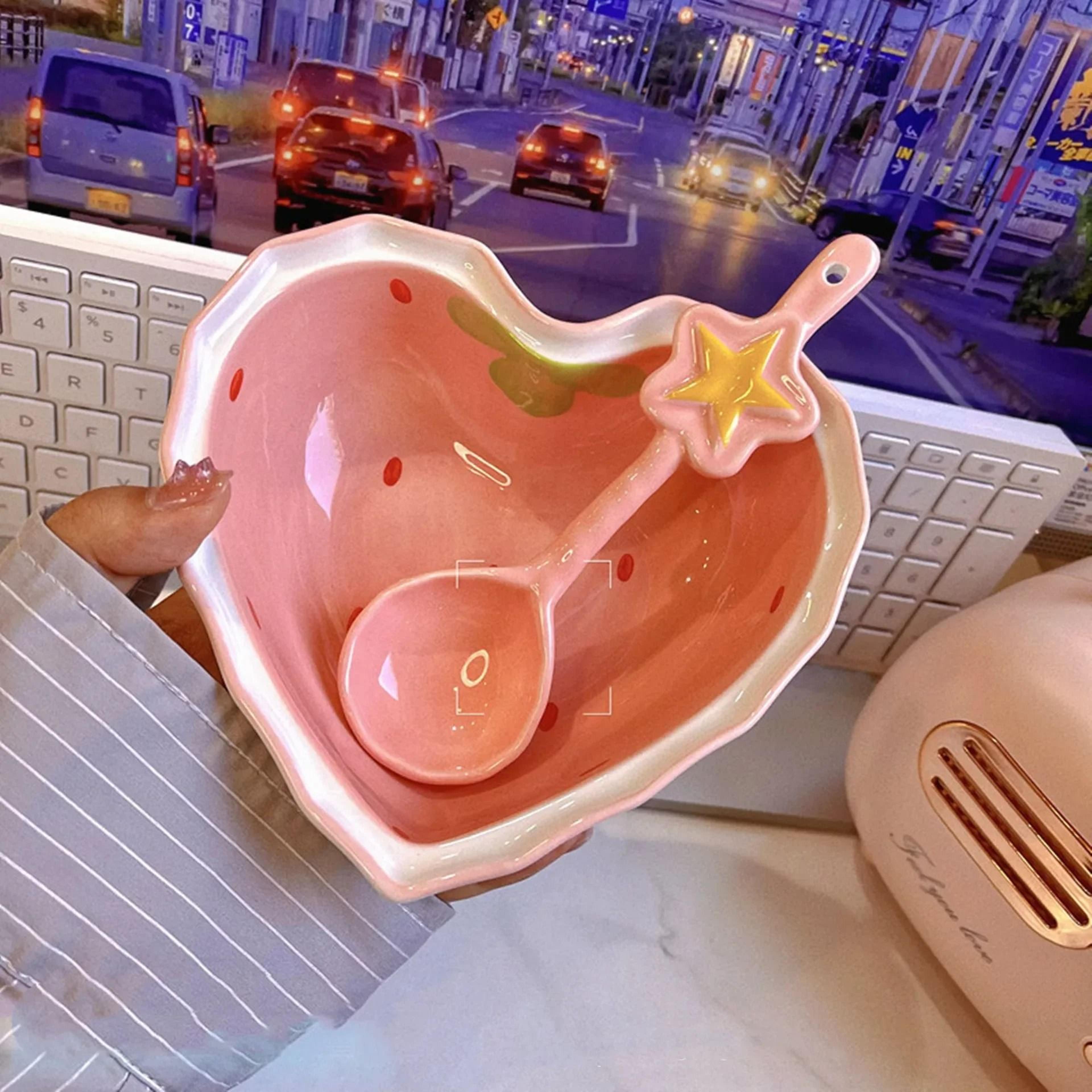 Cute Strawberry Ceramic Ramen Bowl With Matching Spoon 0