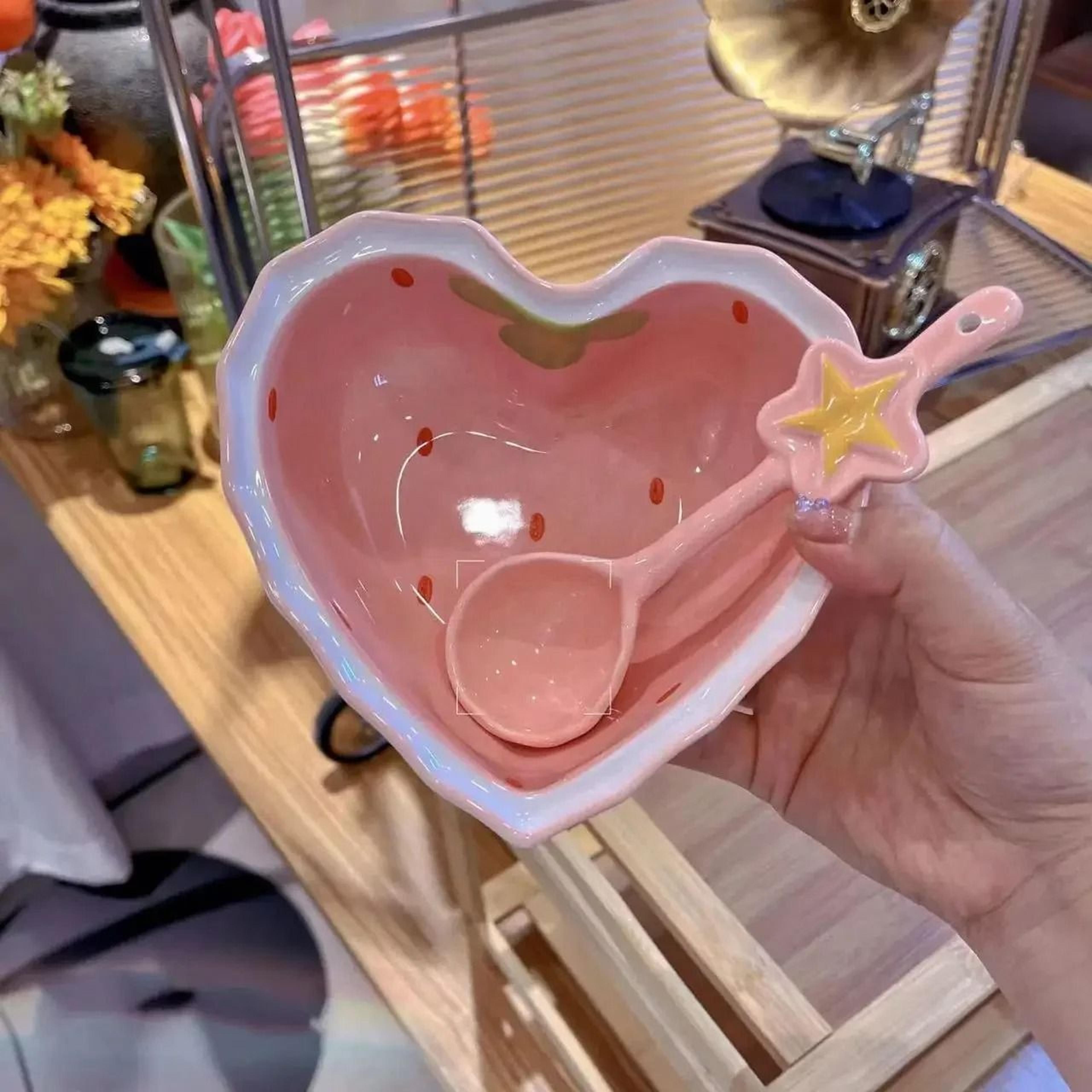 Cute Strawberry Ceramic Ramen Bowl With Matching Spoon 3