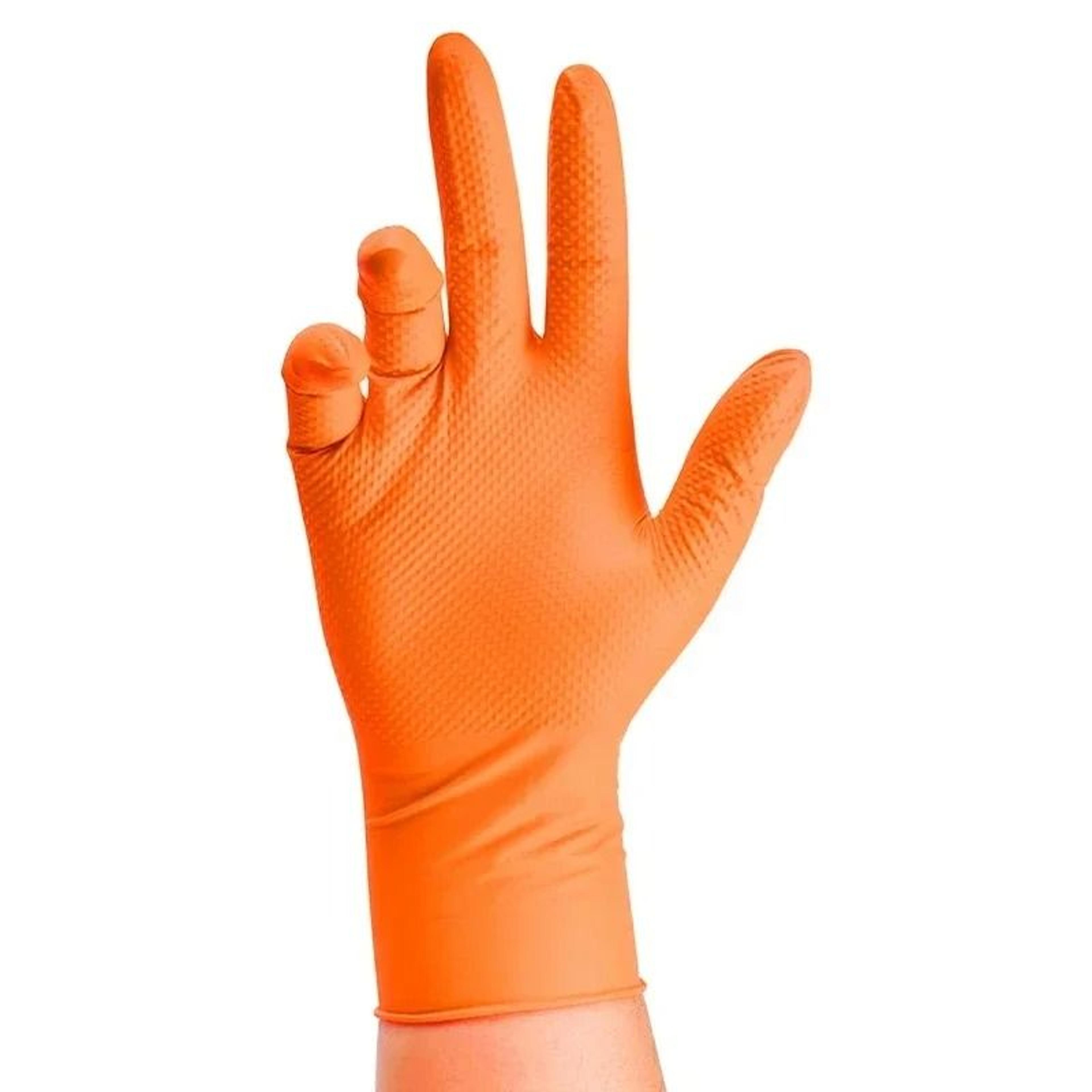 Heavy Duty Orange Nitrile Disposable Work Gloves With Diamond Grip 4