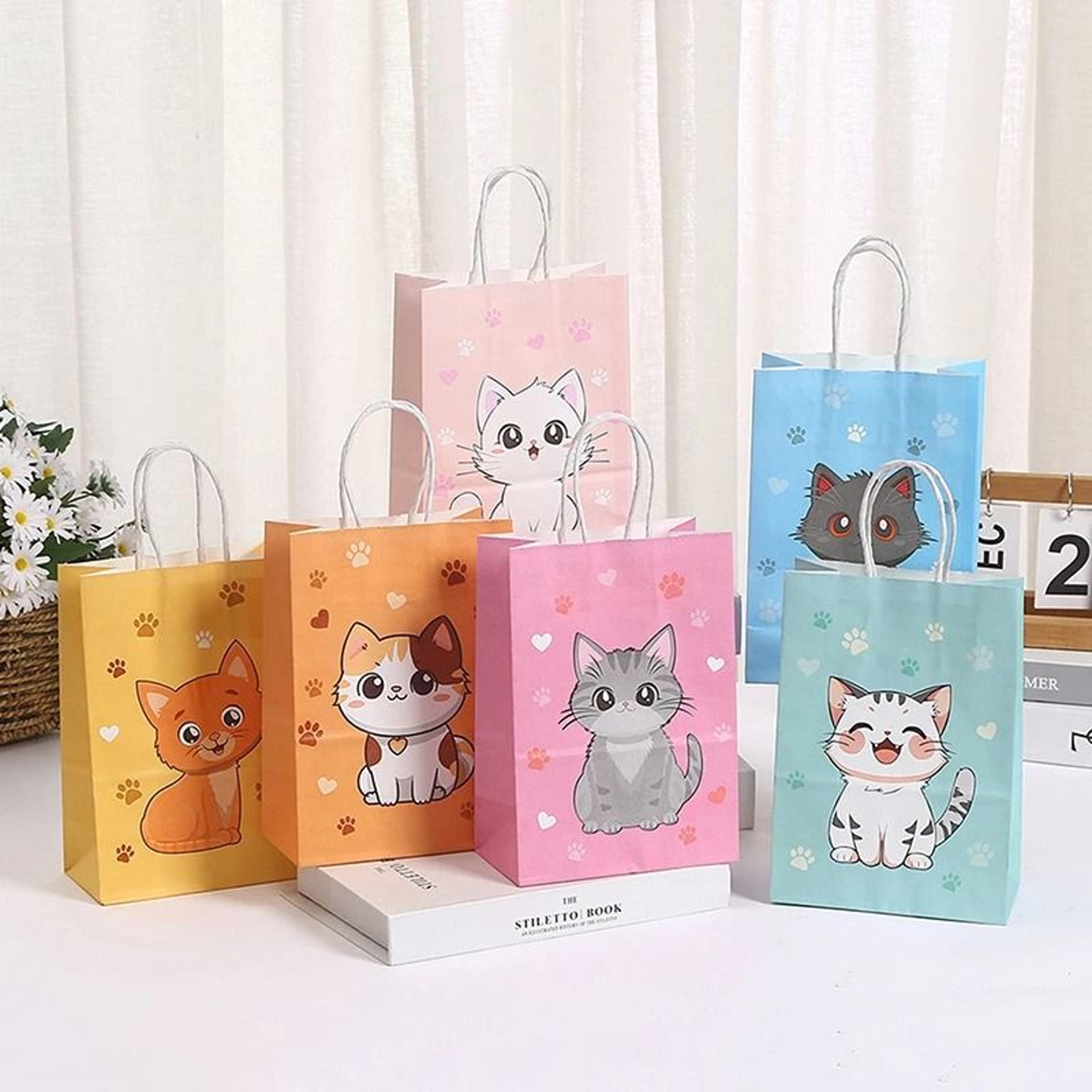 Cartoon Cat Paw Print Paper Gift Bags With Handles For Kids Party 6 Piece Set 0