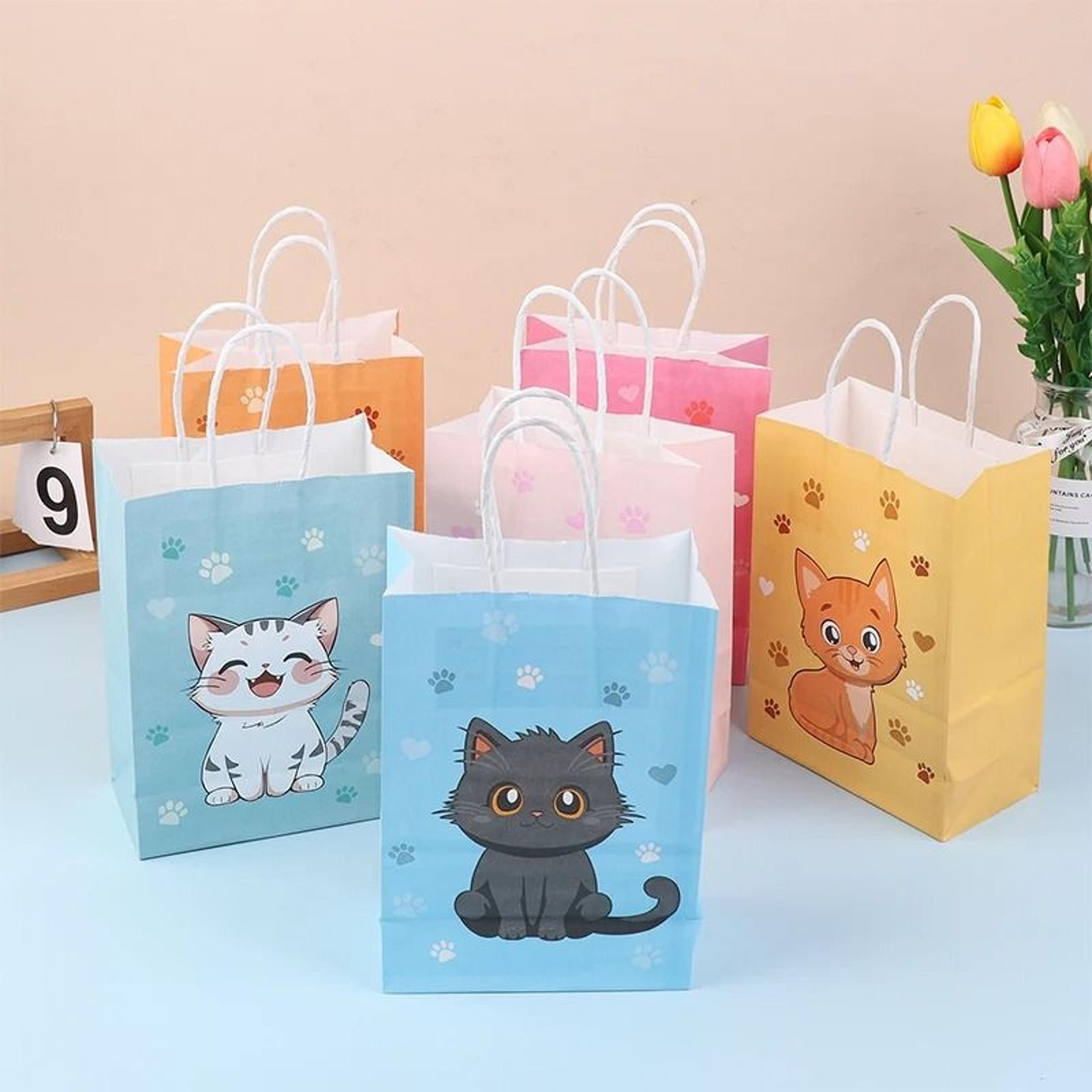 Cartoon Cat Paw Print Paper Gift Bags With Handles For Kids Party 6 Piece Set 2