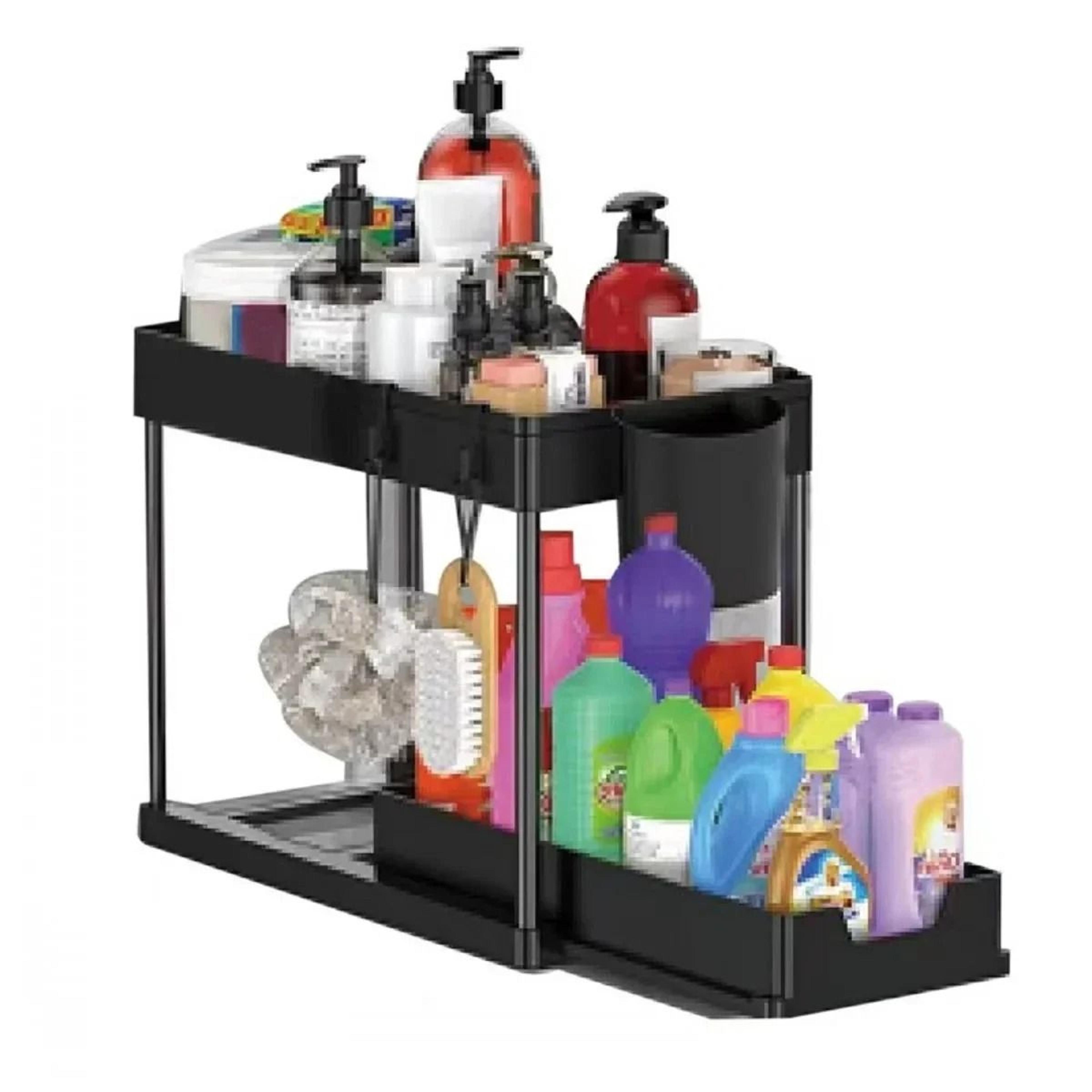 2 Tier Under Sink Organizer Sliding Cabinet Basket Storage Rack With Hooks And Hanging Cup 19