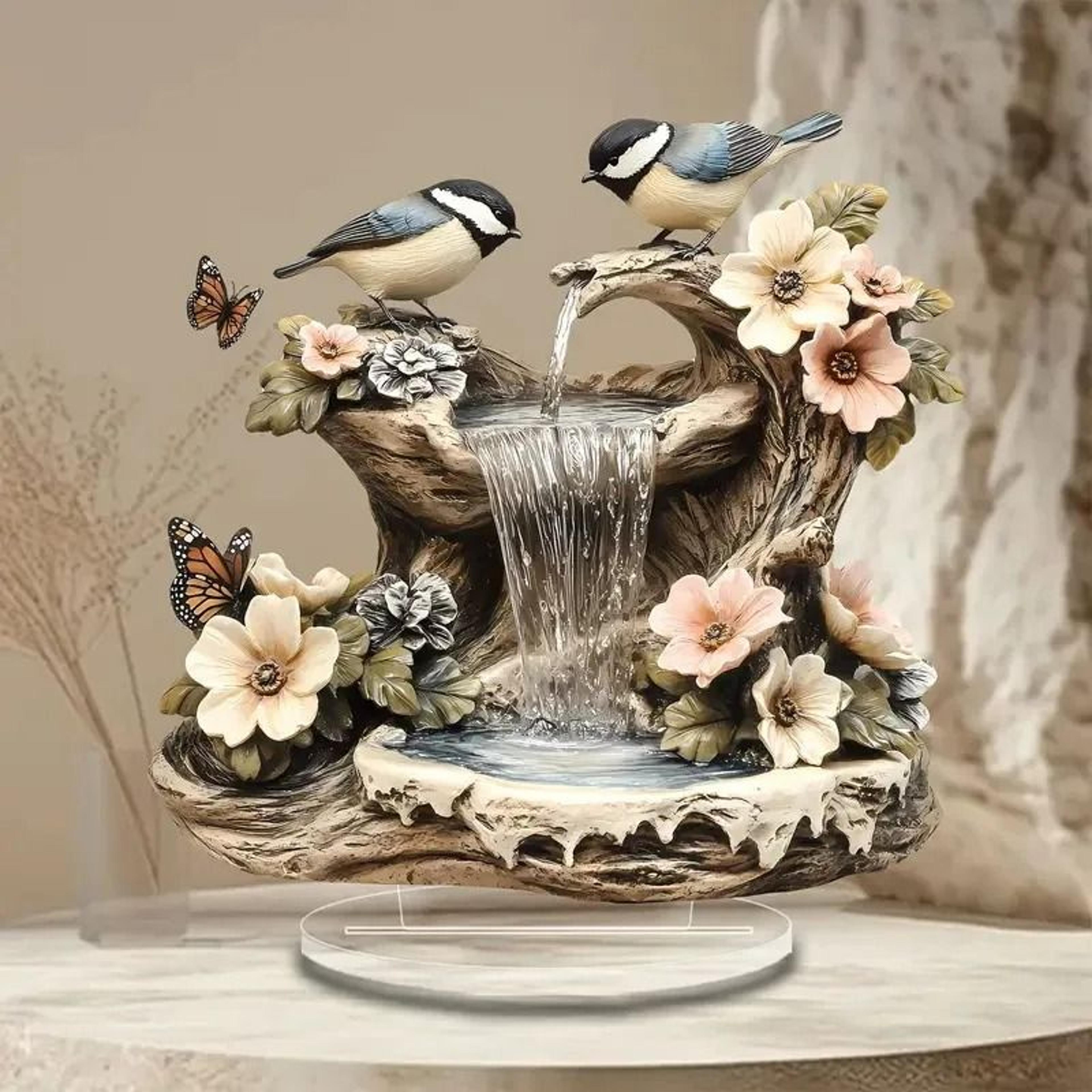 Bird And Butterfly Garden Fountain Acrylic Desktop Ornament 0