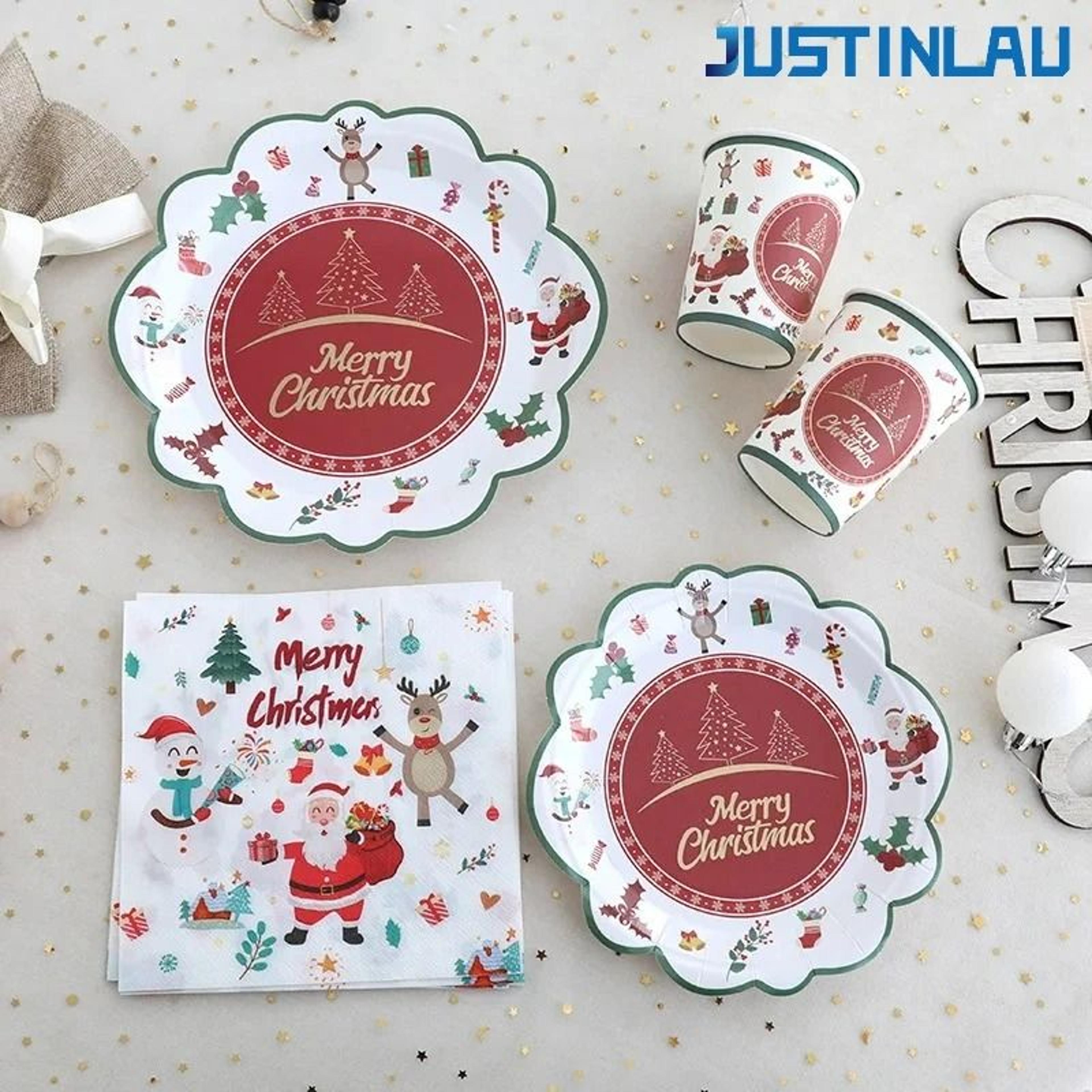 JUSTINLAU Deluxe Christmas Cutlery  Disposable Tableware Set  Festive Plates Cups  Decor 0