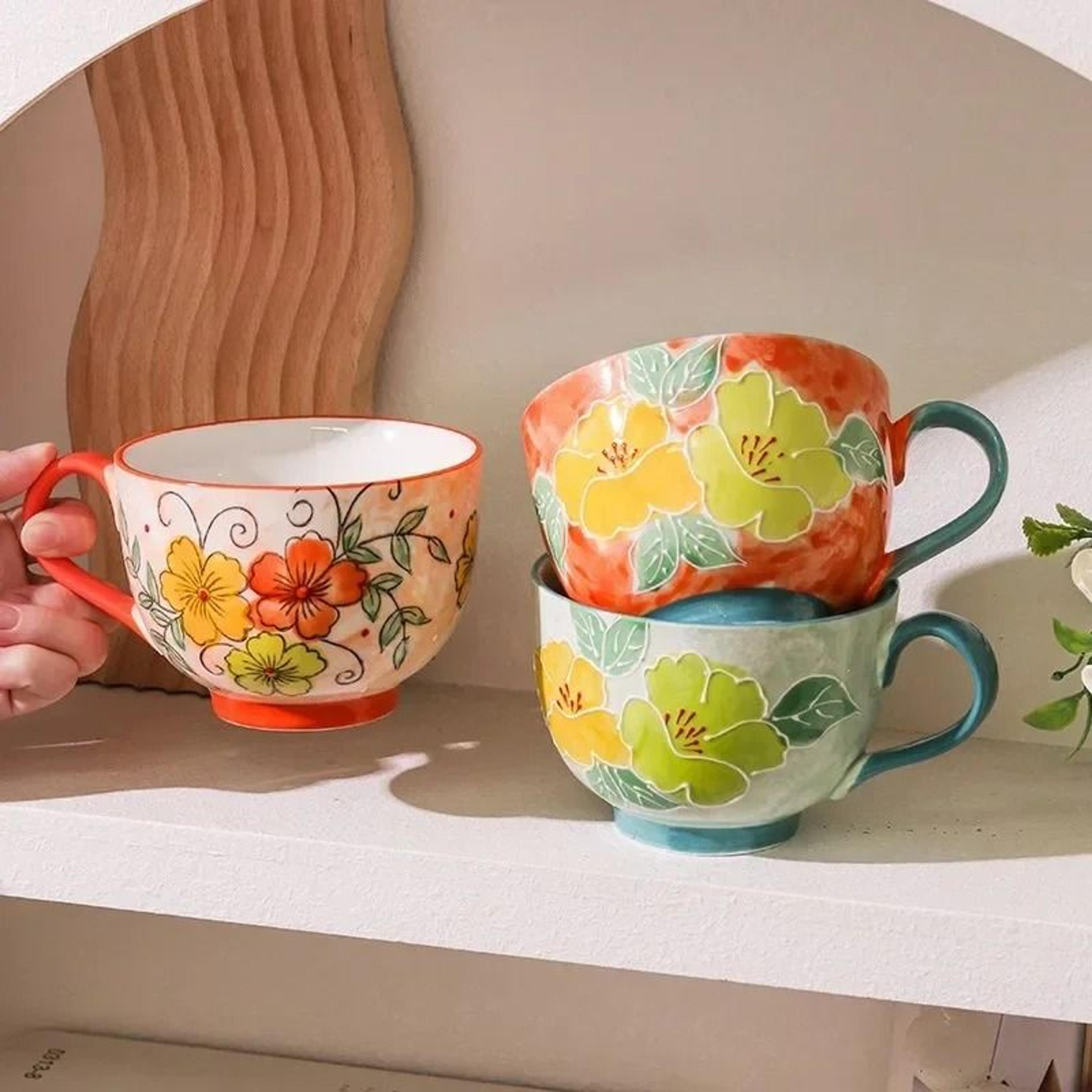 JUSTINLAU Relief Flower Ceramic Mug  HandDrawn Art Breakfast Milk  Oat Cup 2