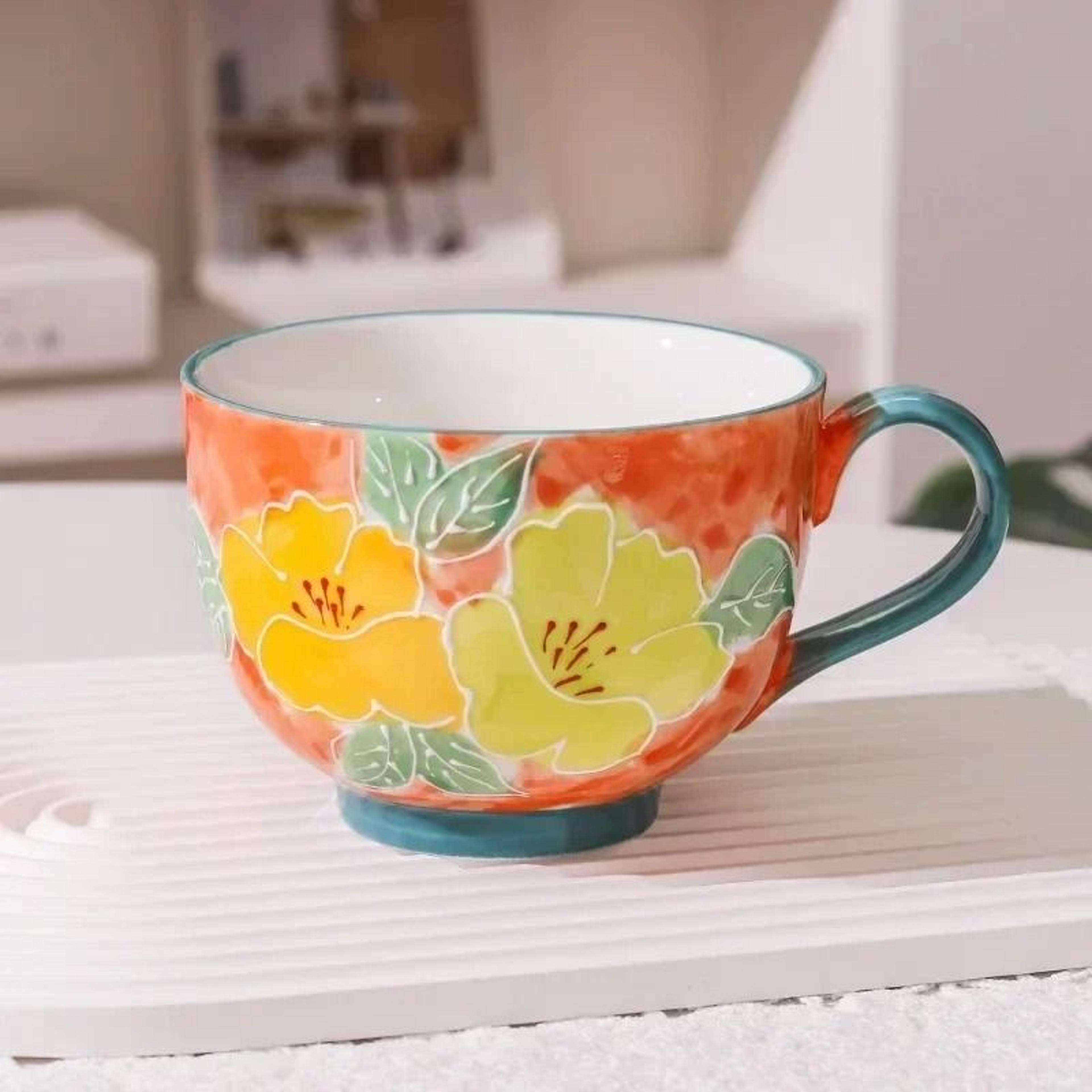 JUSTINLAU Relief Flower Ceramic Mug  HandDrawn Art Breakfast Milk  Oat Cup 4