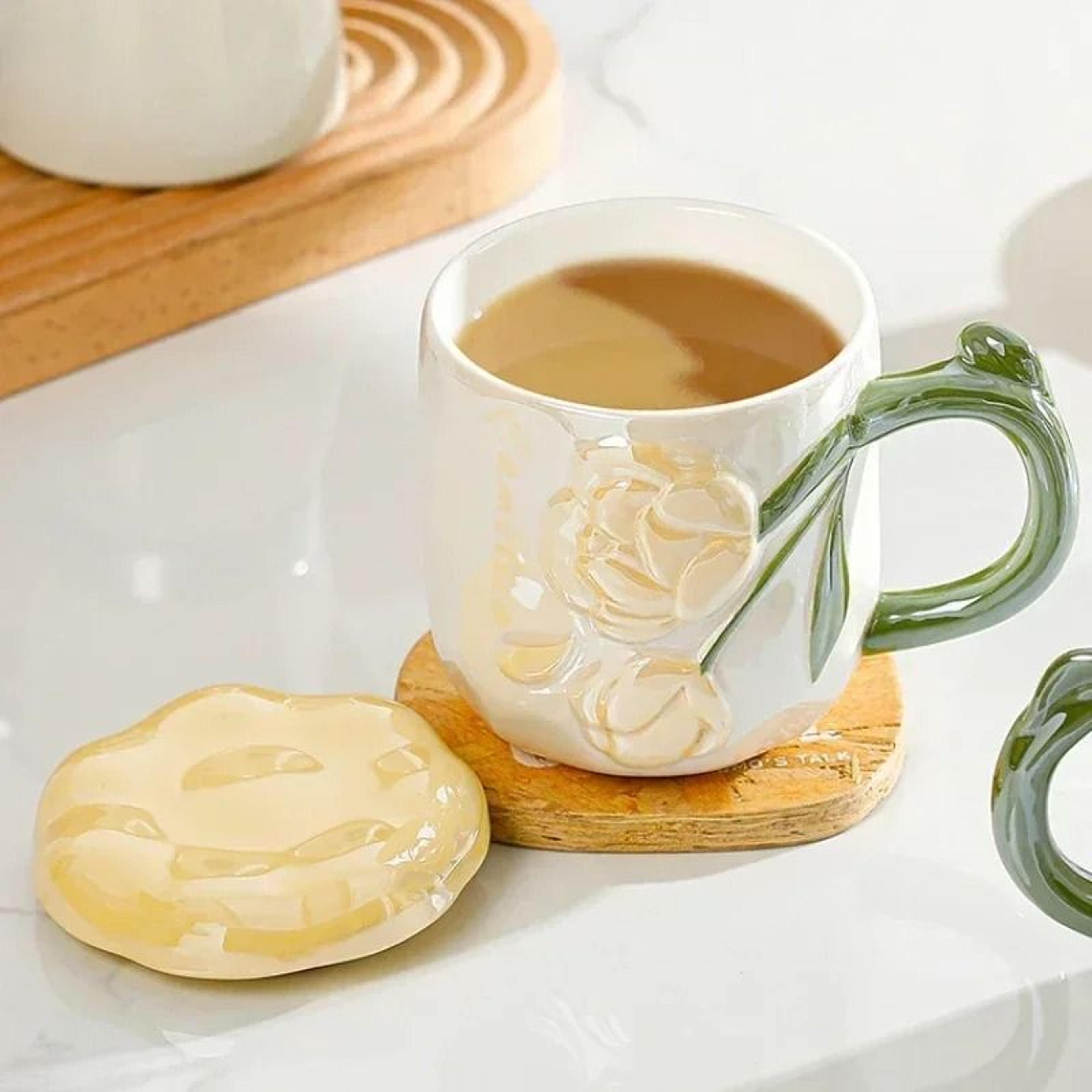 HandPainted Relief Rose Ceramic Mug  Romantic Ins Style Coffee  Tea Cup With Lid 4