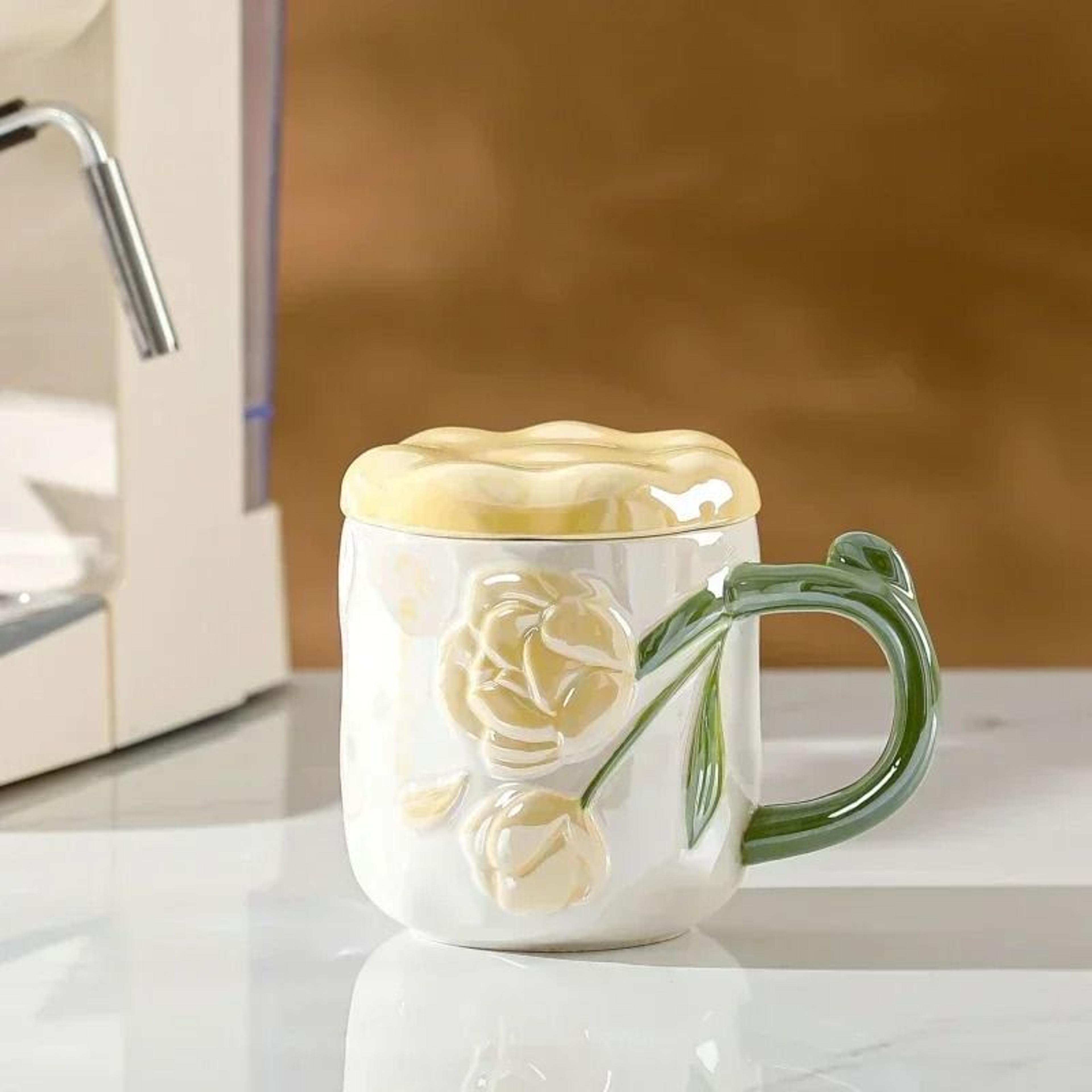 HandPainted Relief Rose Ceramic Mug  Romantic Ins Style Coffee  Tea Cup With Lid 8