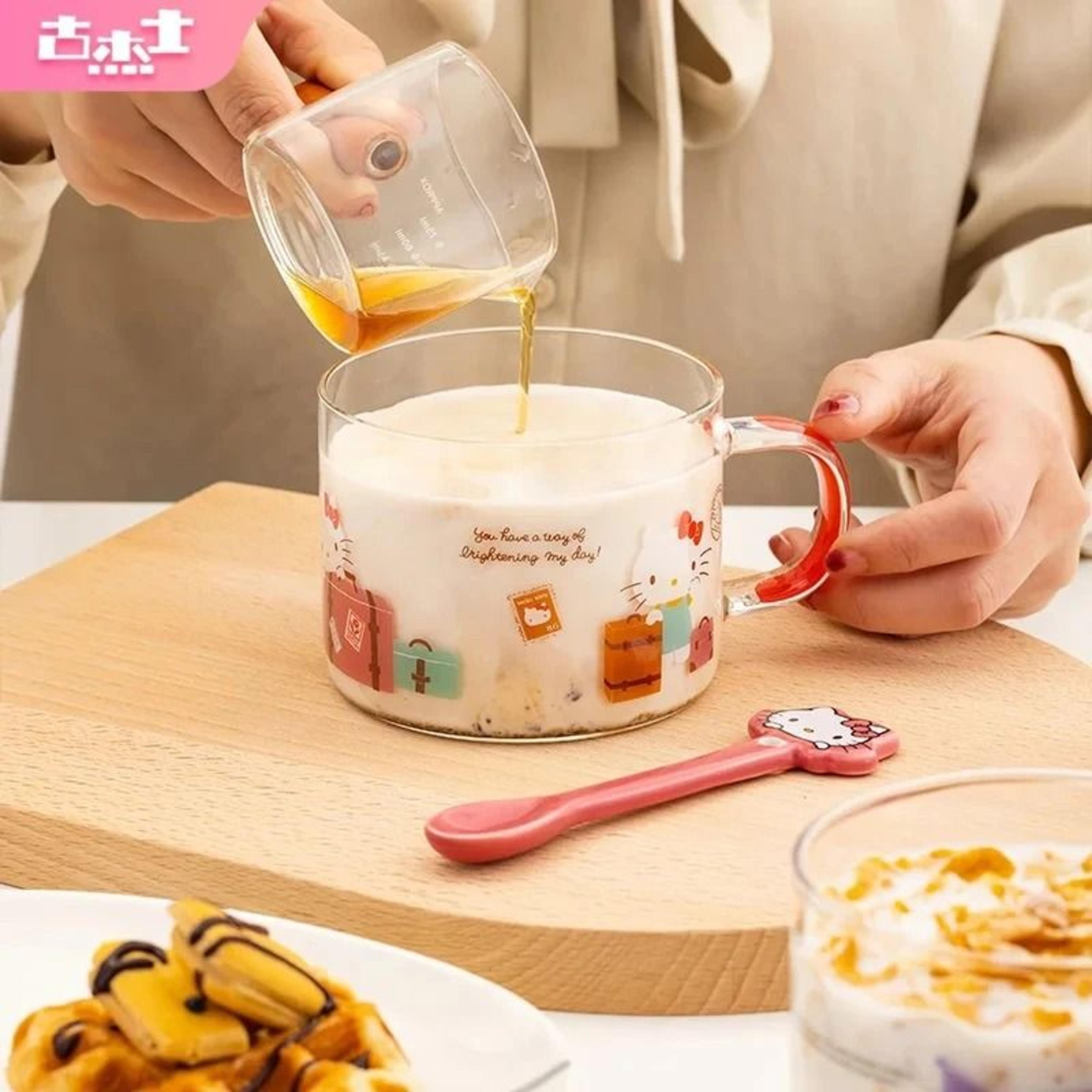 Sanrio Collaboration Transparent Glass Mug  10cm Cute Breakfast Oatmeal Cup With Colored Handle 0