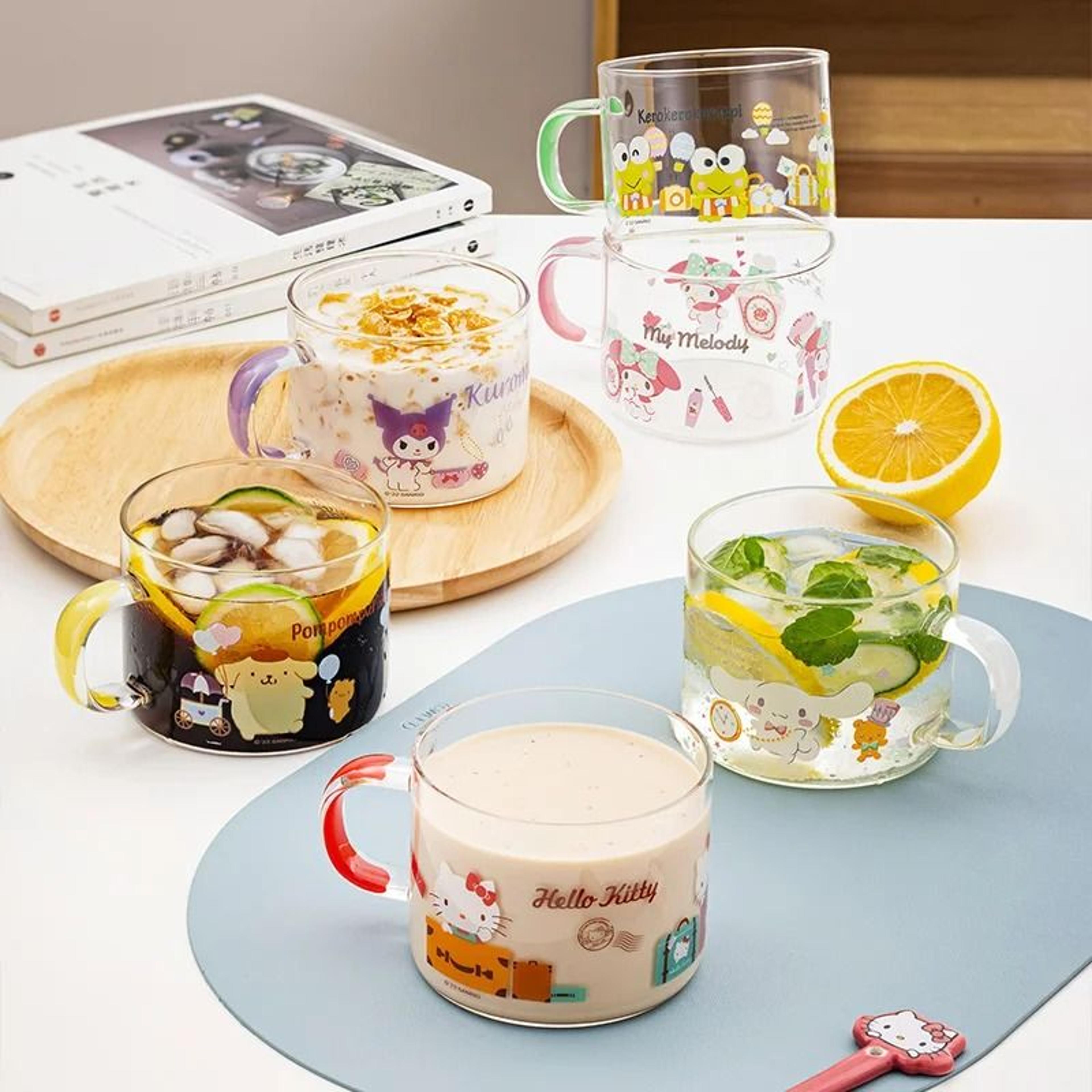 Sanrio Collaboration Transparent Glass Mug  10cm Cute Breakfast Oatmeal Cup With Colored Handle 3