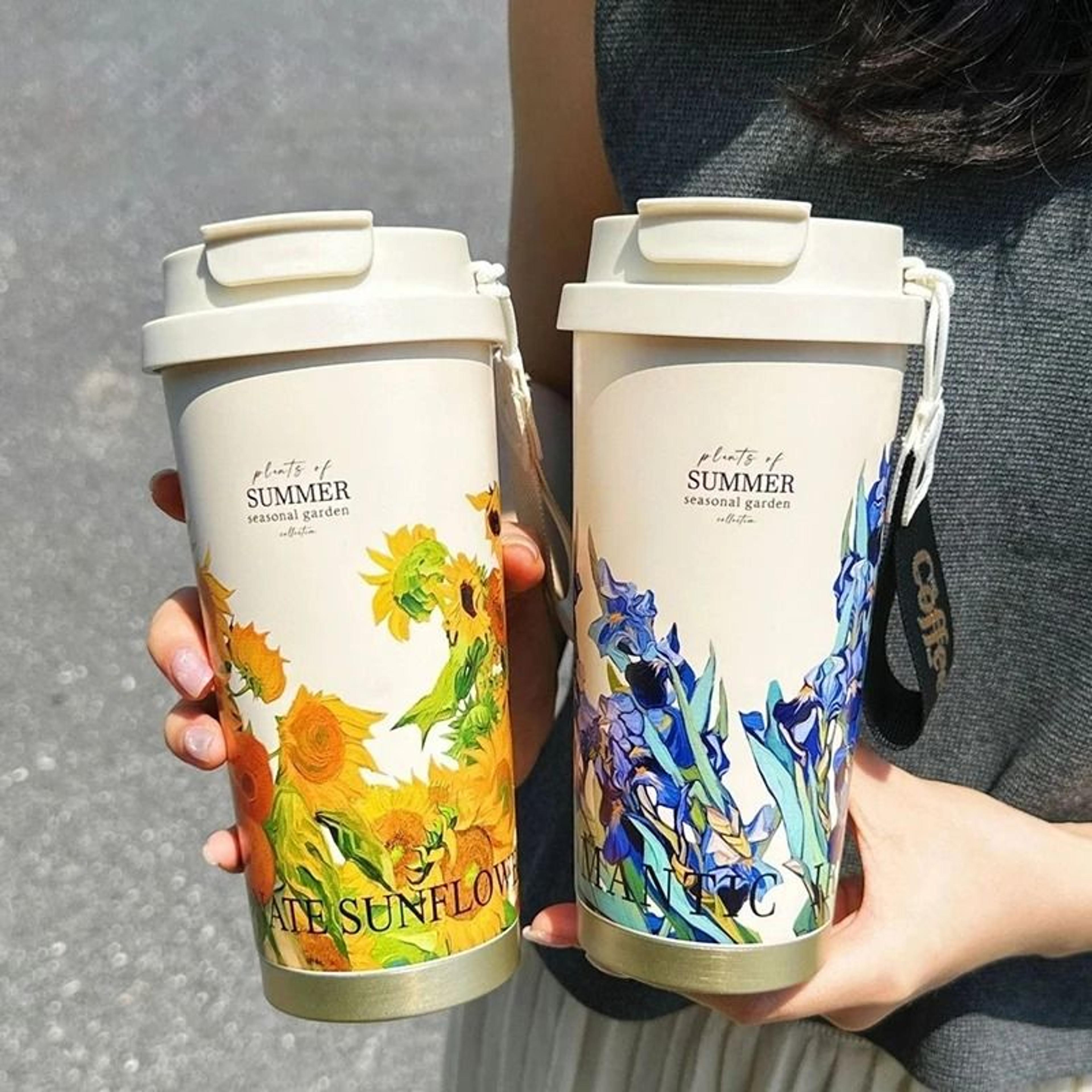 500ml Flower Pattern Insulated Coffee Cup  Stainless Steel DoubleWall Vacuum Travel Mug 0