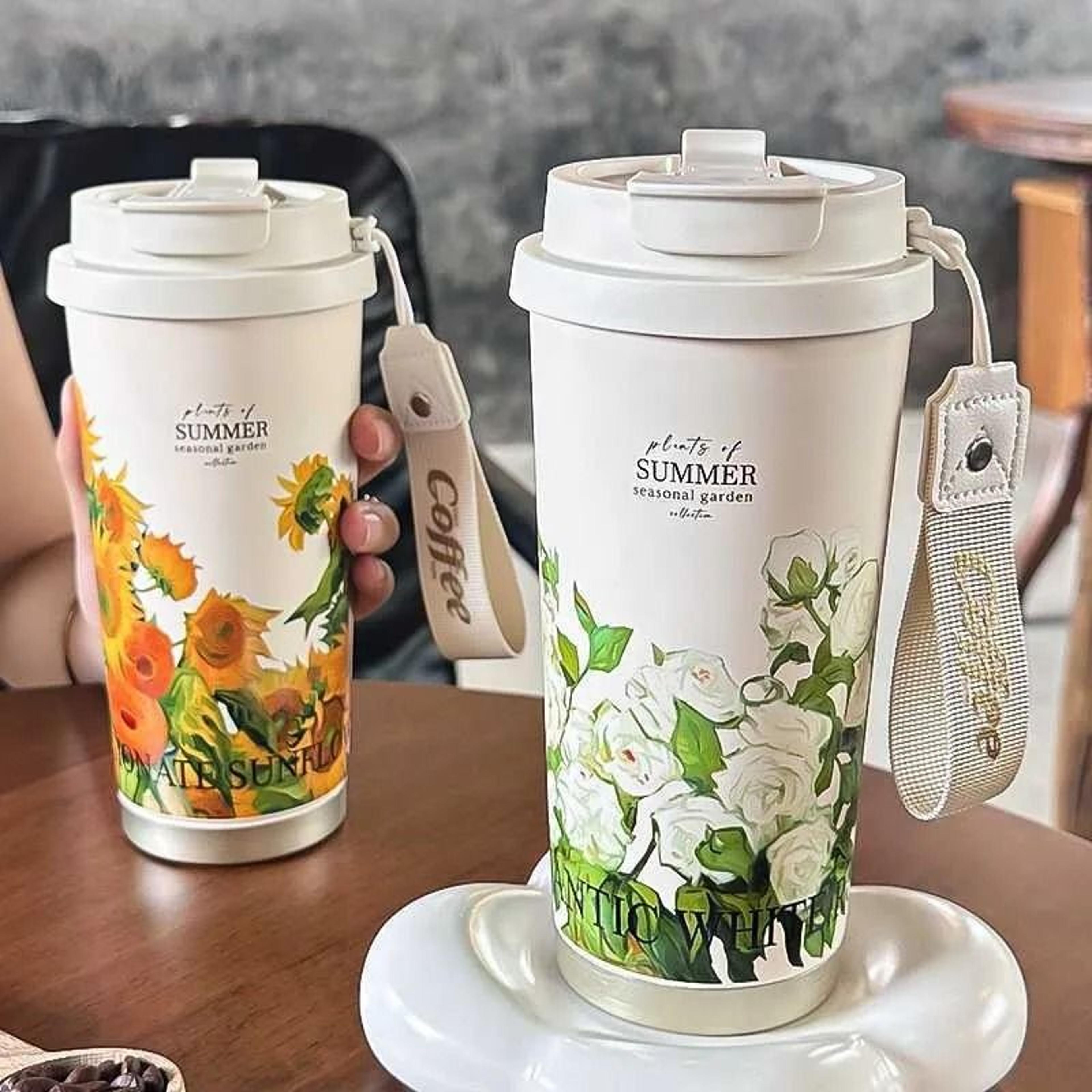 500ml Flower Pattern Insulated Coffee Cup  Stainless Steel DoubleWall Vacuum Travel Mug 1