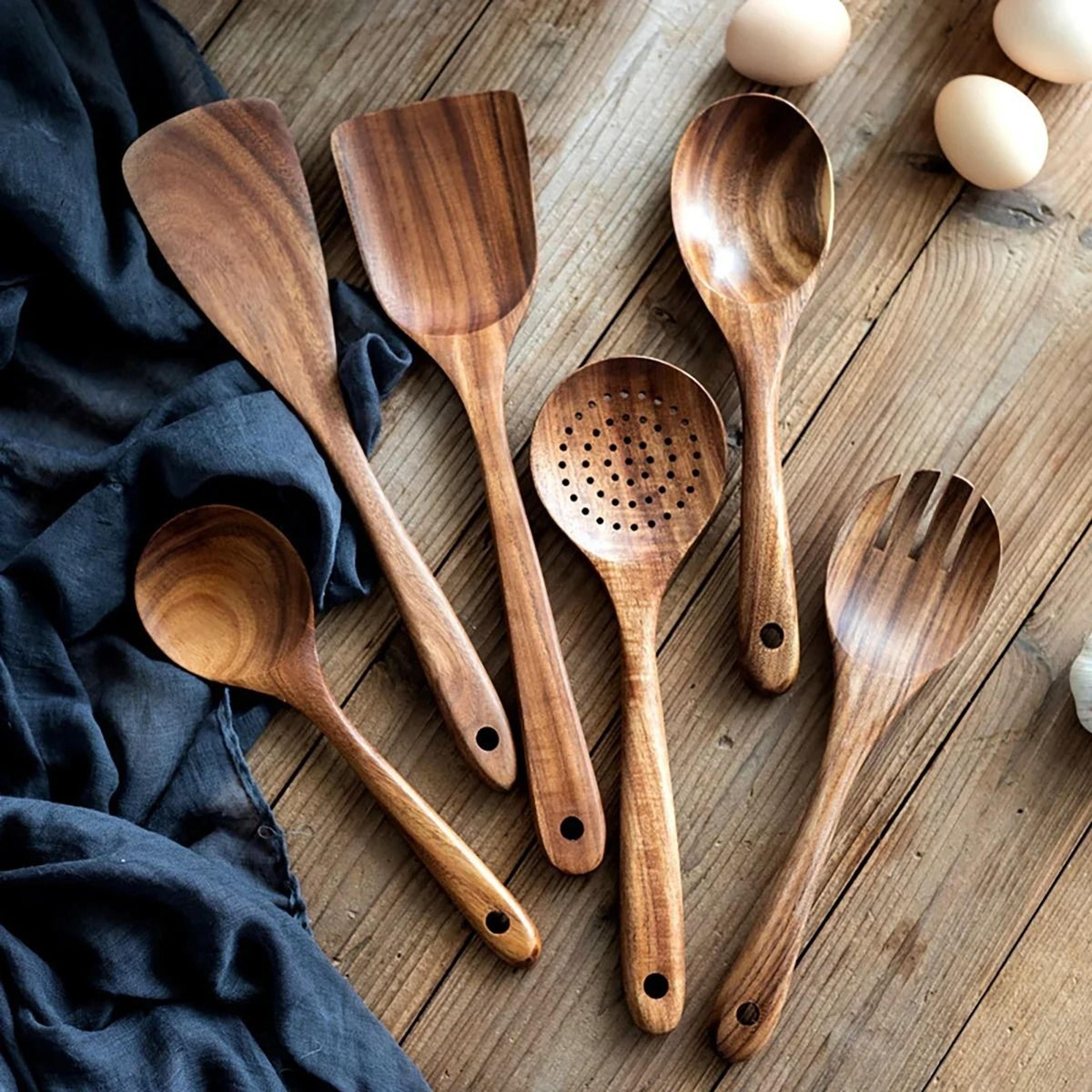 6PCS Wood Kitchenware Cooking Spatula And Spoon Set With Storage Bucket 3