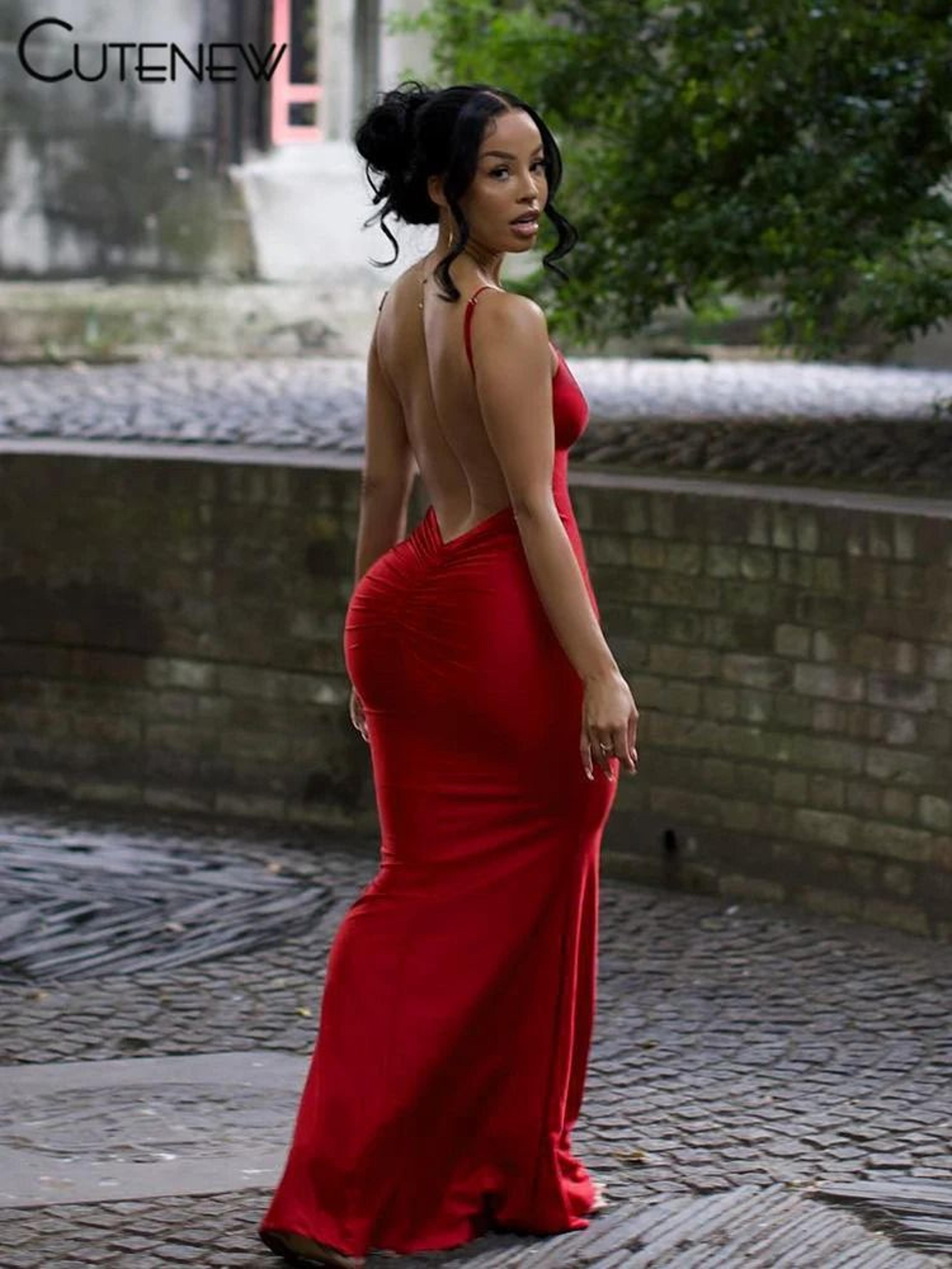 Nibber Red Shiny Spaghetti Strap BodyShaping Maxi Dress 1